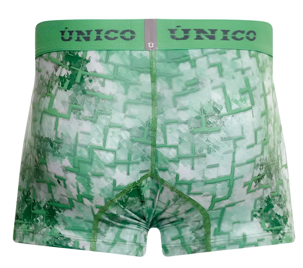 Green patterned men’s boxer briefs with a maze design and único branding on the waistband in color 43-green