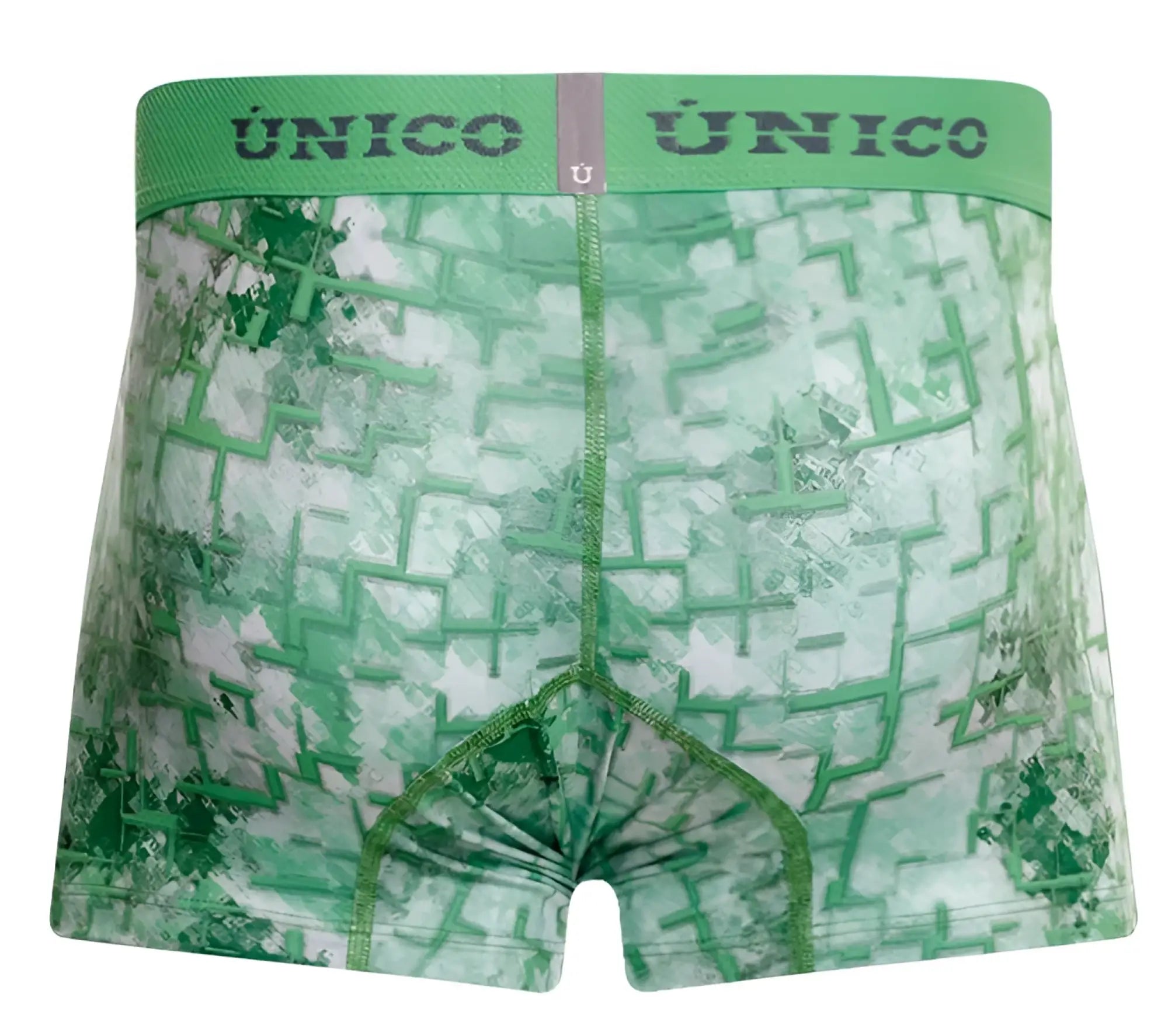 Green patterned men’s boxer briefs with a maze design and único branding on the waistband in color 43-green