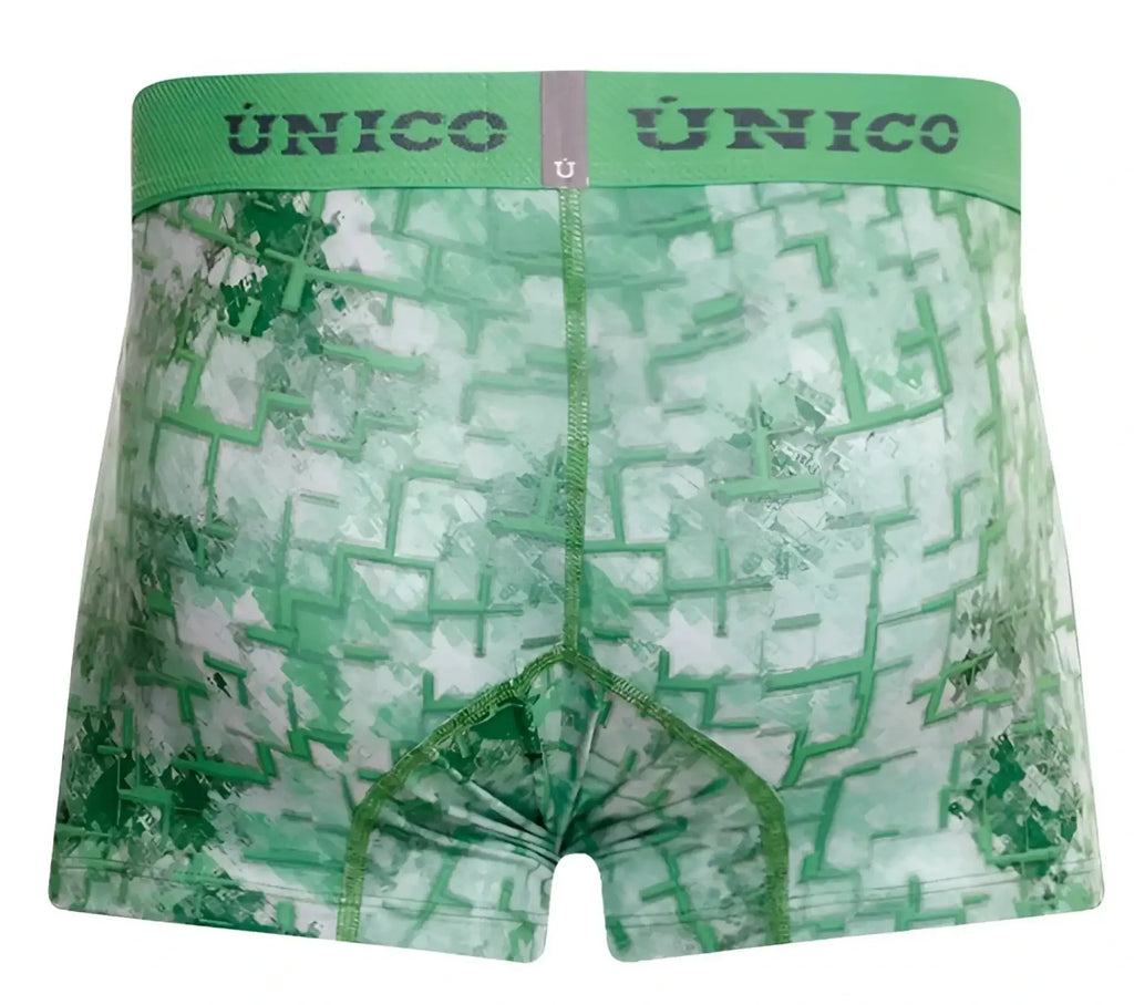 Green patterned men’s boxer briefs with a maze design and único branding on the waistband in color 43-green
