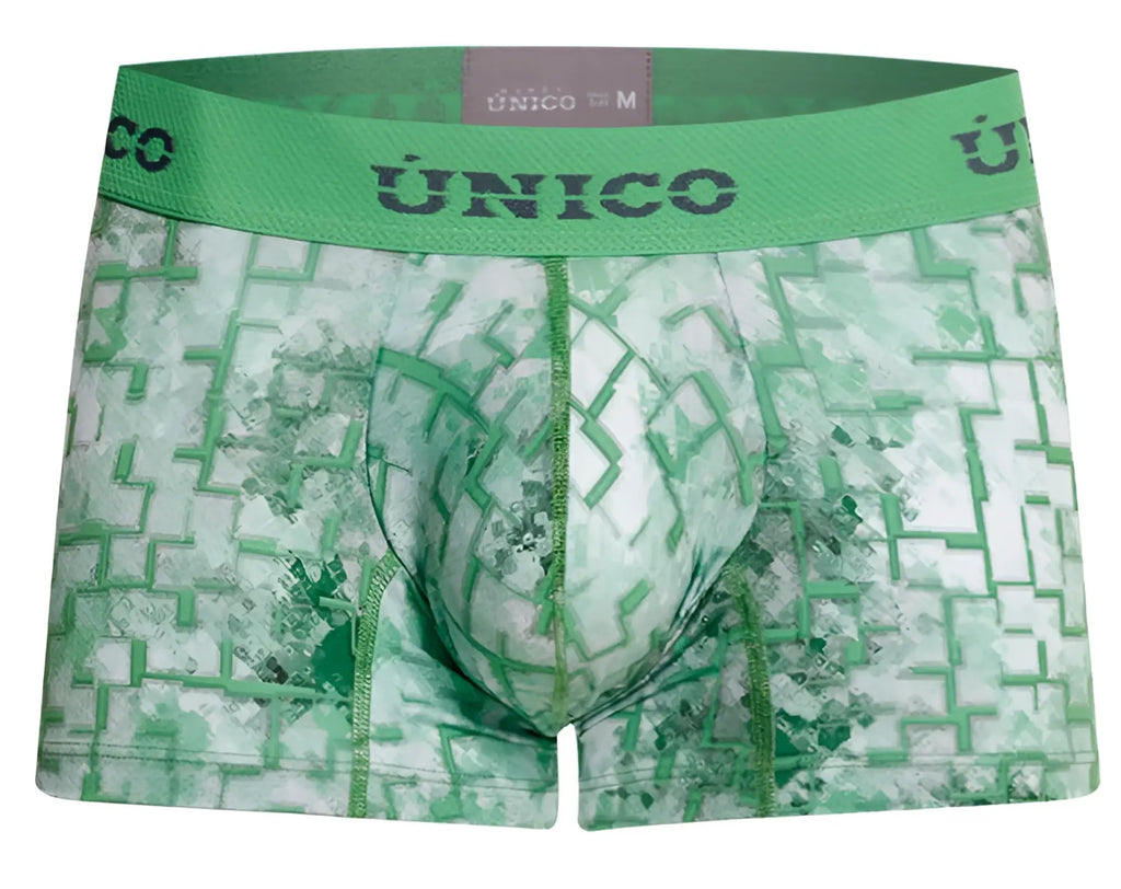 Green and white geometric-patterned men’s boxer briefs with a matching unico elastic waistband color 43-green