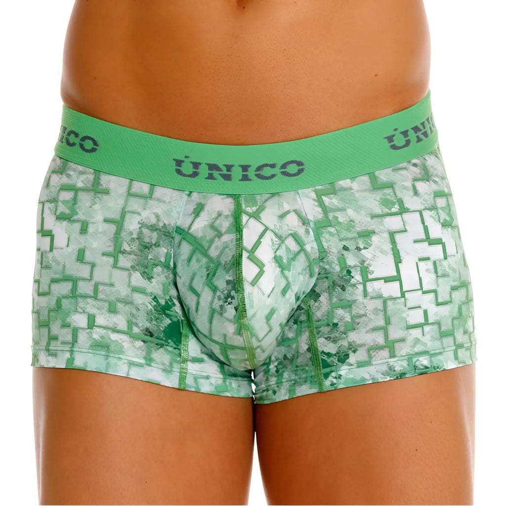 Green and white patterned unico 26020100102 piramide trunks with geometric maze design men’s boxer briefs