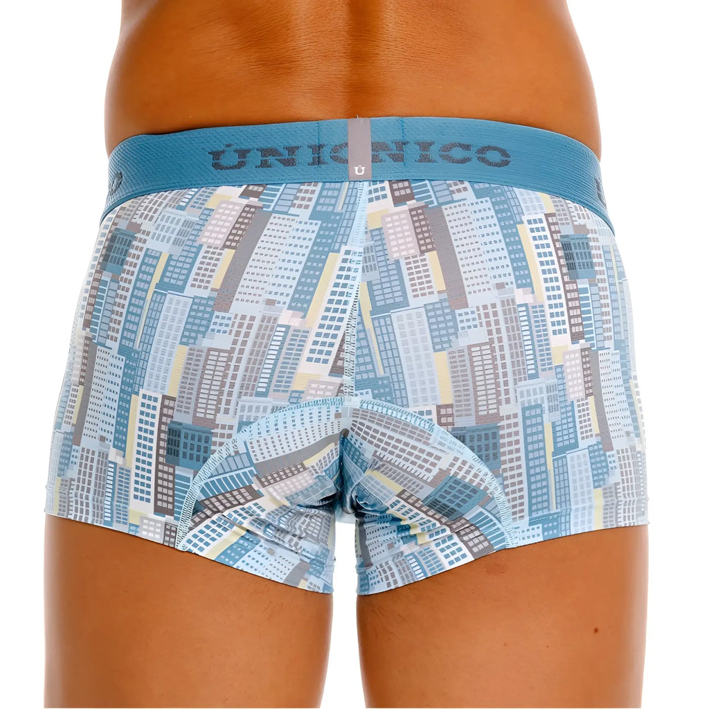 Unico 26020100103 Ocarina blue and gray cityscape patterned men’s boxer briefs with solid teal waistband