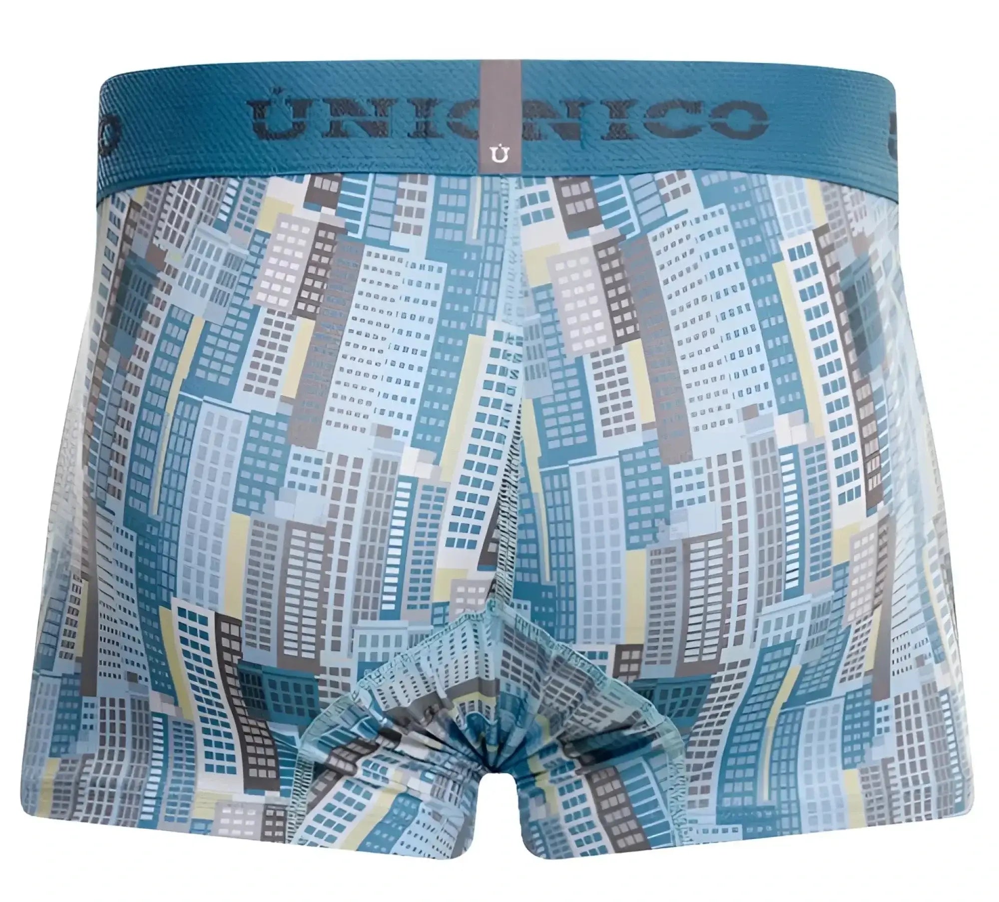 Blue and gray cityscape patterned union nico boxer briefs with teal waistband unico 26020100103 ocarina trunks color 46-blue