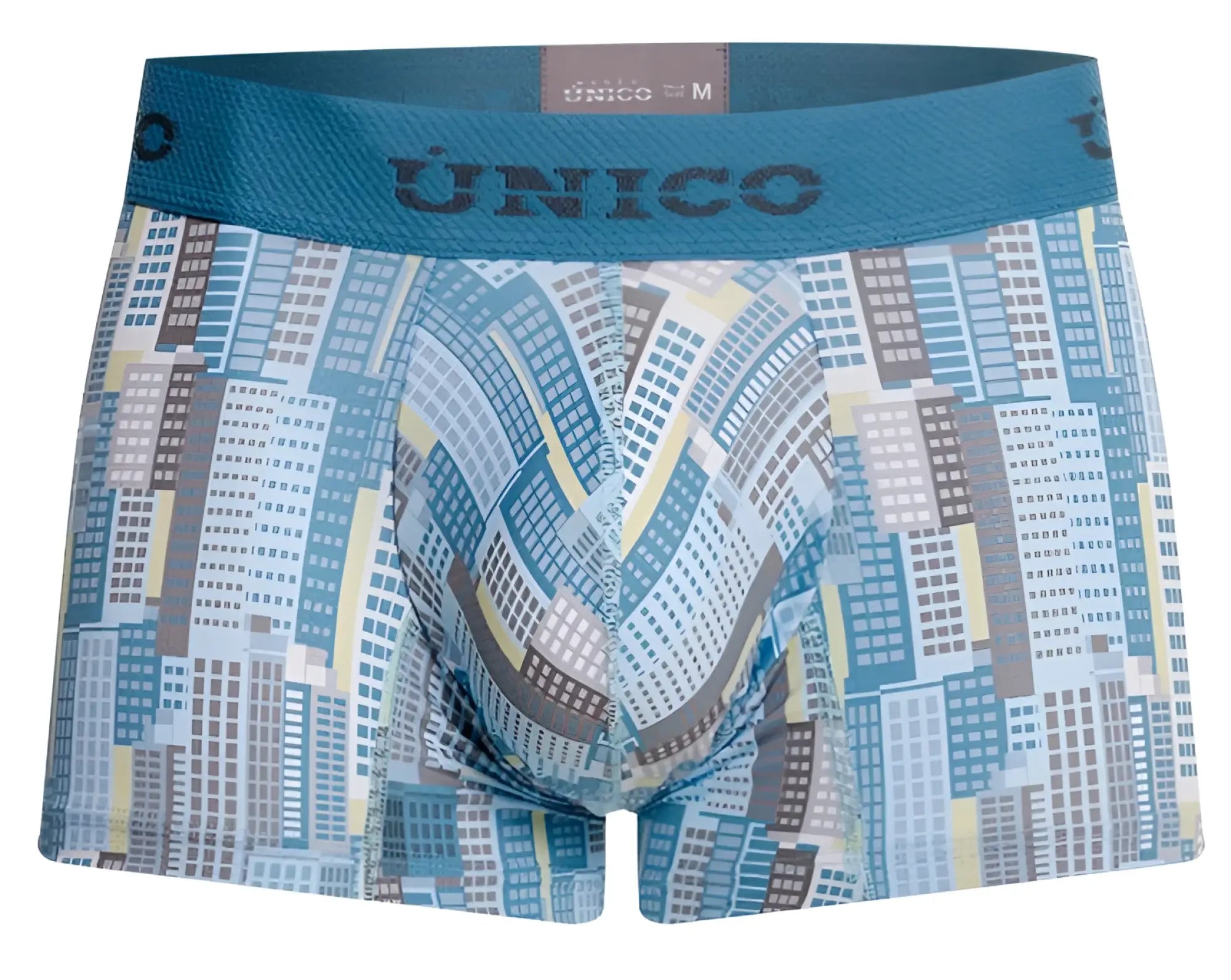 Blue and gray cityscape-patterned men’s boxer briefs by único made from soft fabric for comfortable everyday wear