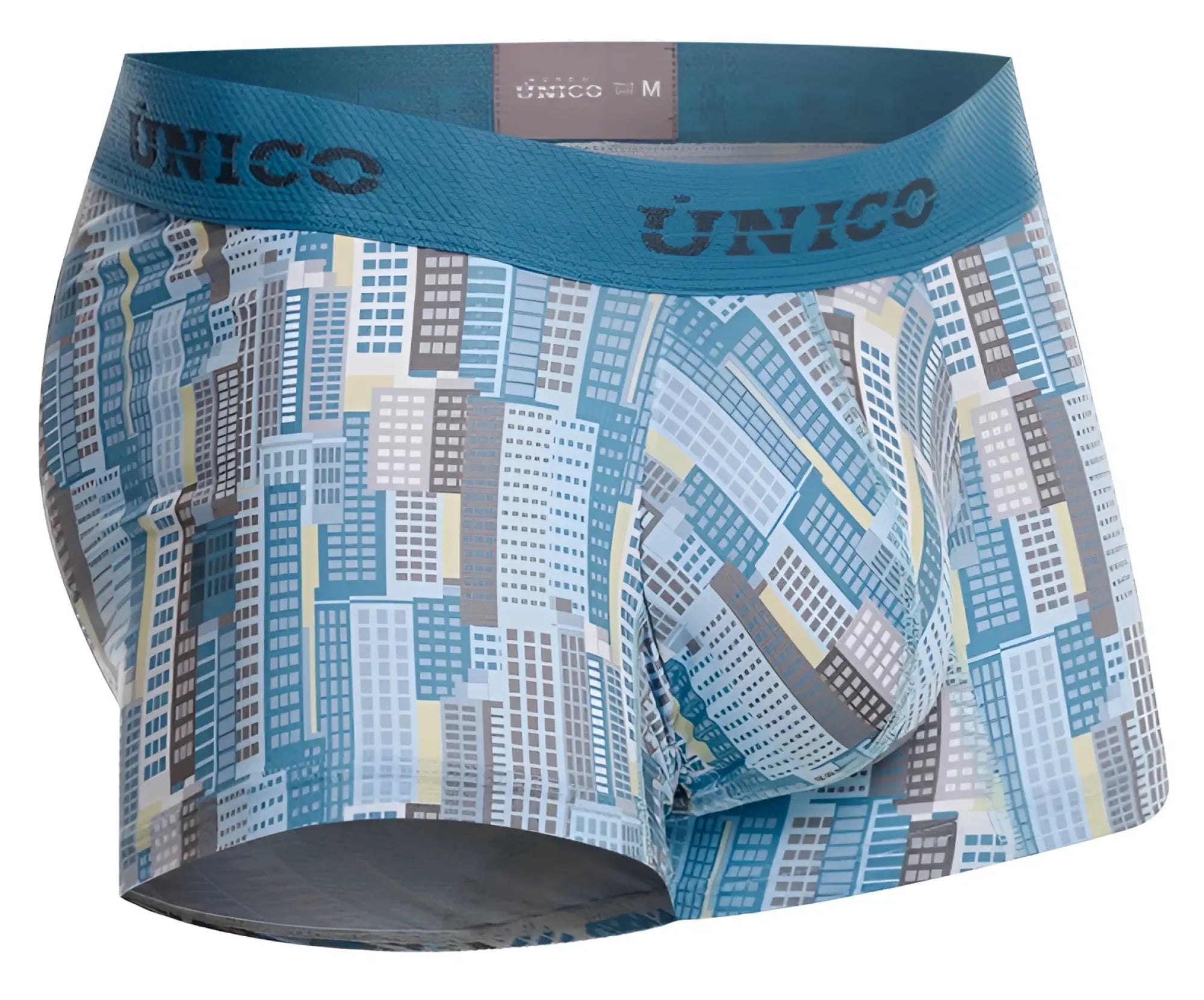 Blue and gray cityscape patterned unico 26020100103 ocarina men’s boxer briefs with teal elastic waistband
