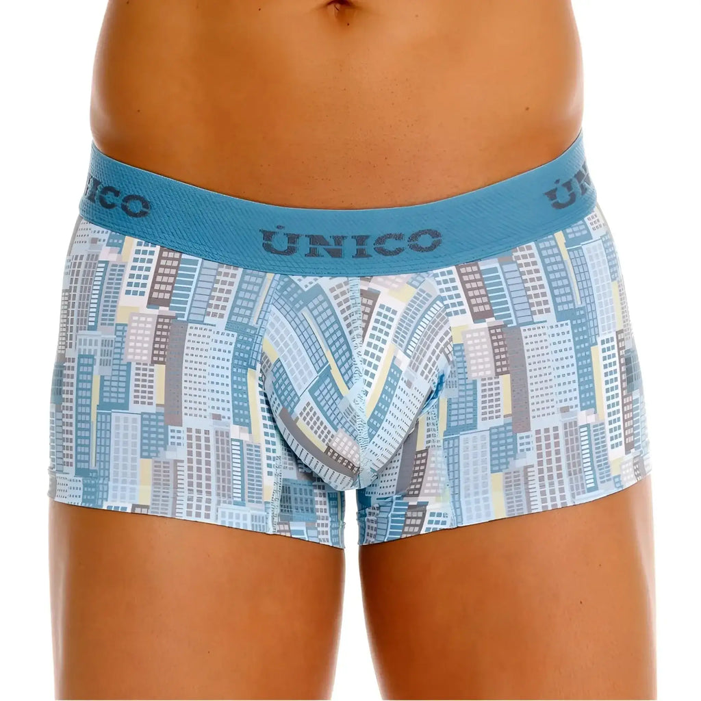 Unico 26020100103 Ocarina trunks men’s boxer briefs with blue and gray cityscape pattern and solid blue waistband
