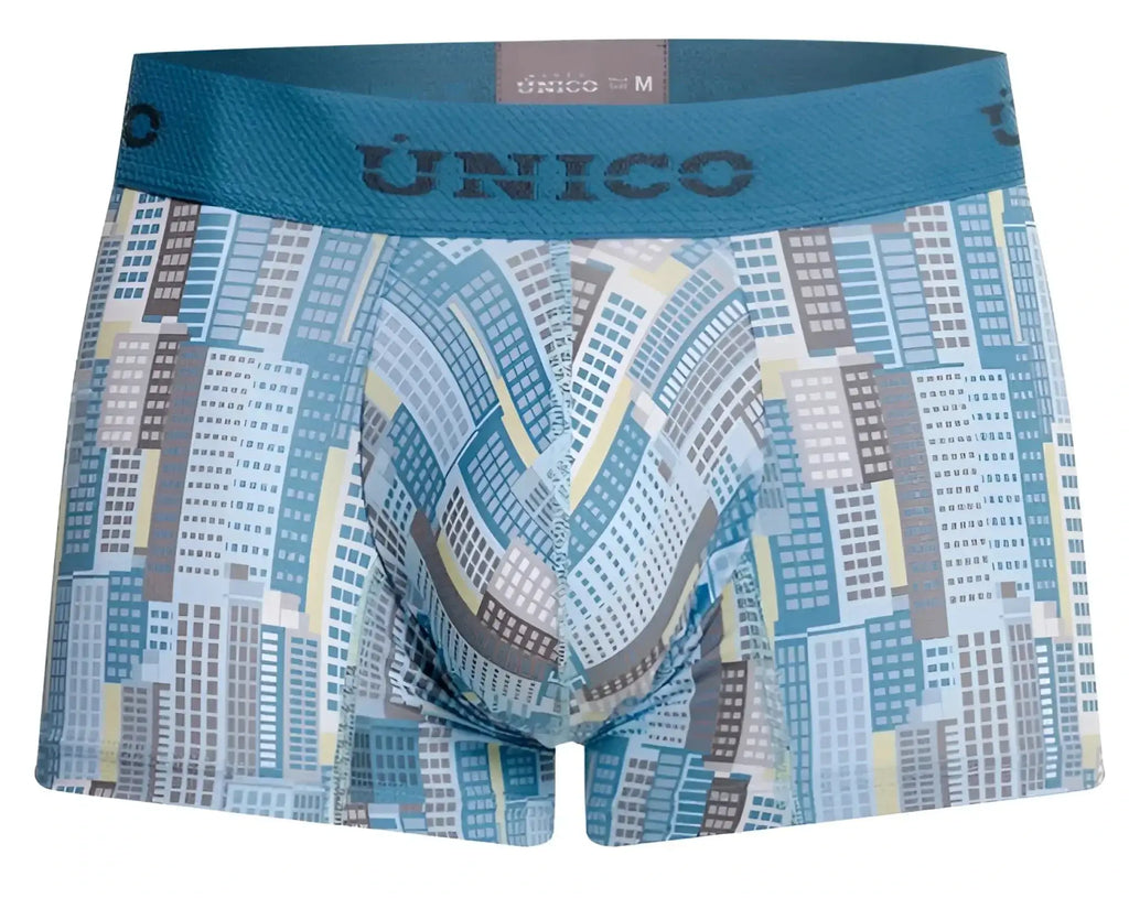 Blue and gray cityscape-patterned men’s boxer briefs by único made from soft fabric for comfortable everyday wear