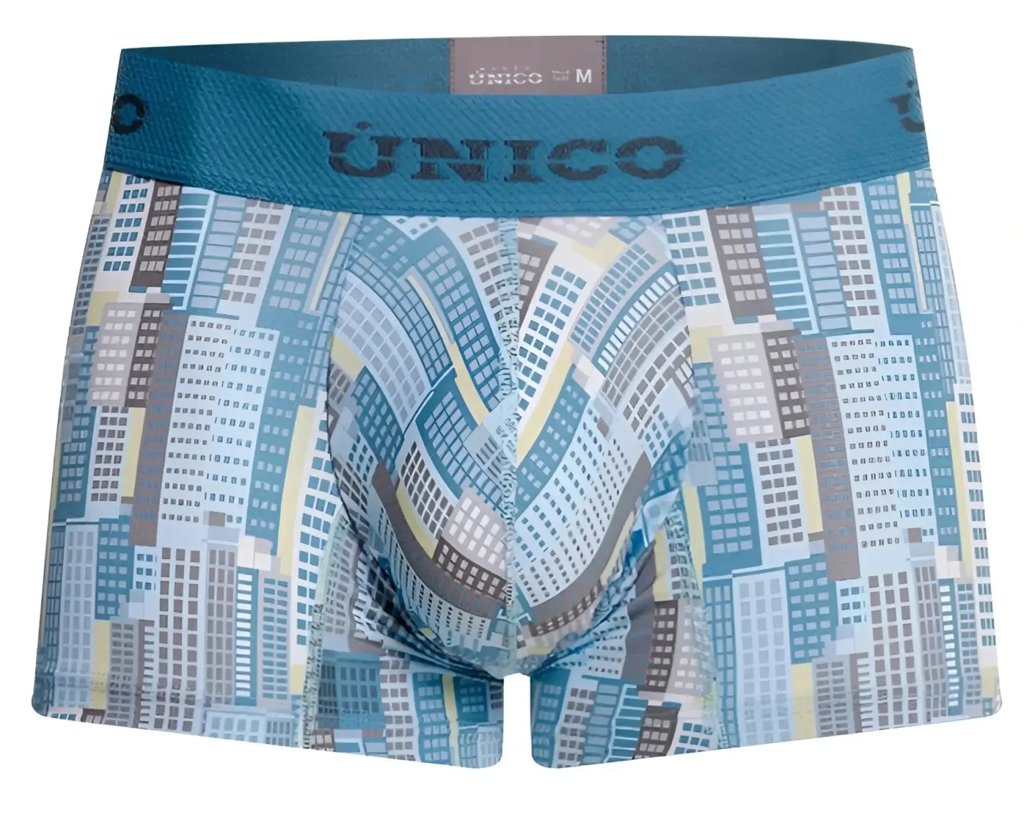 Blue and gray cityscape-patterned men’s boxer briefs by único made from soft fabric for comfortable everyday wear