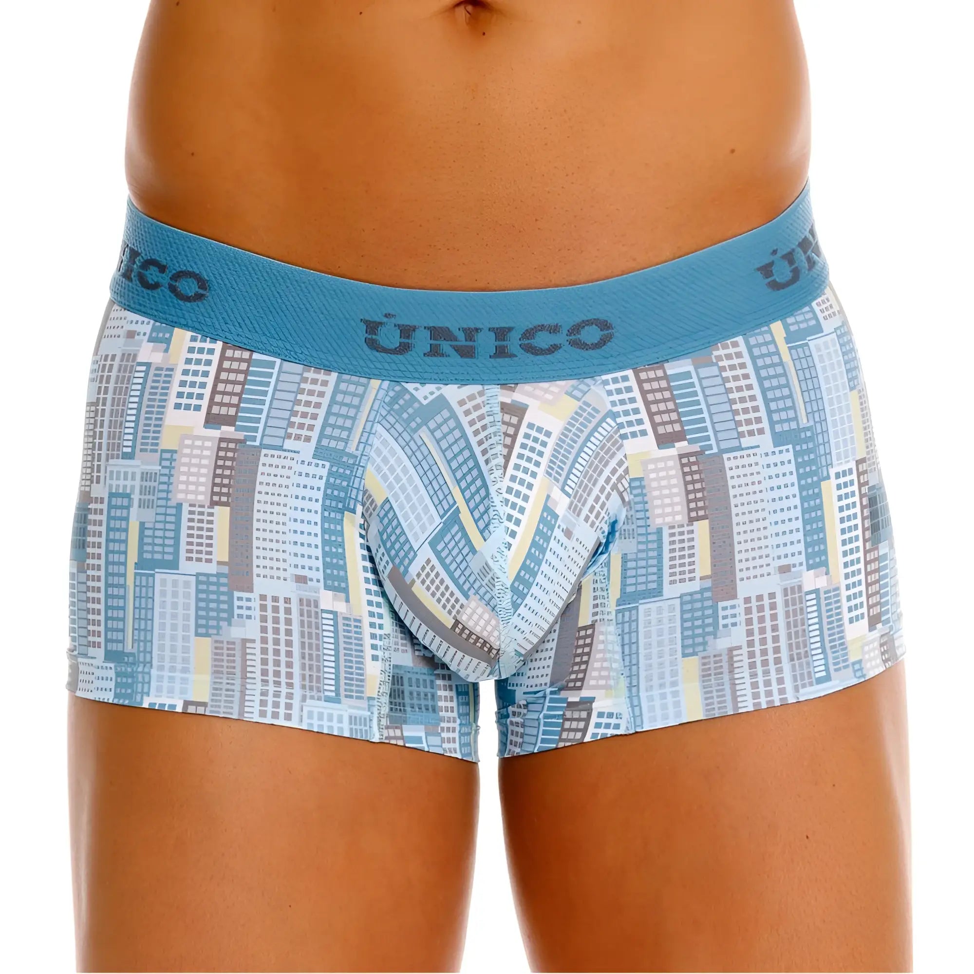 Unico 26020100103 Ocarina trunks men’s boxer briefs with blue and gray cityscape pattern and solid blue waistband