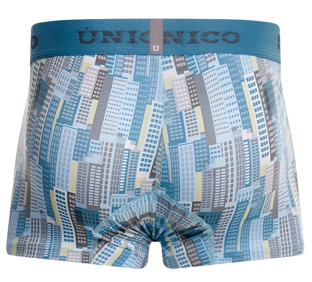 Blue and gray cityscape patterned union nico boxer briefs with teal waistband unico 26020100103 ocarina trunks color 46-blue