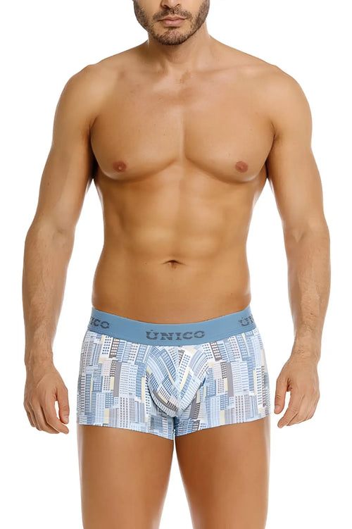 Unico 26020100103 ocarina trunks in light blue and white patterned fabric with cityscape design boxer briefs