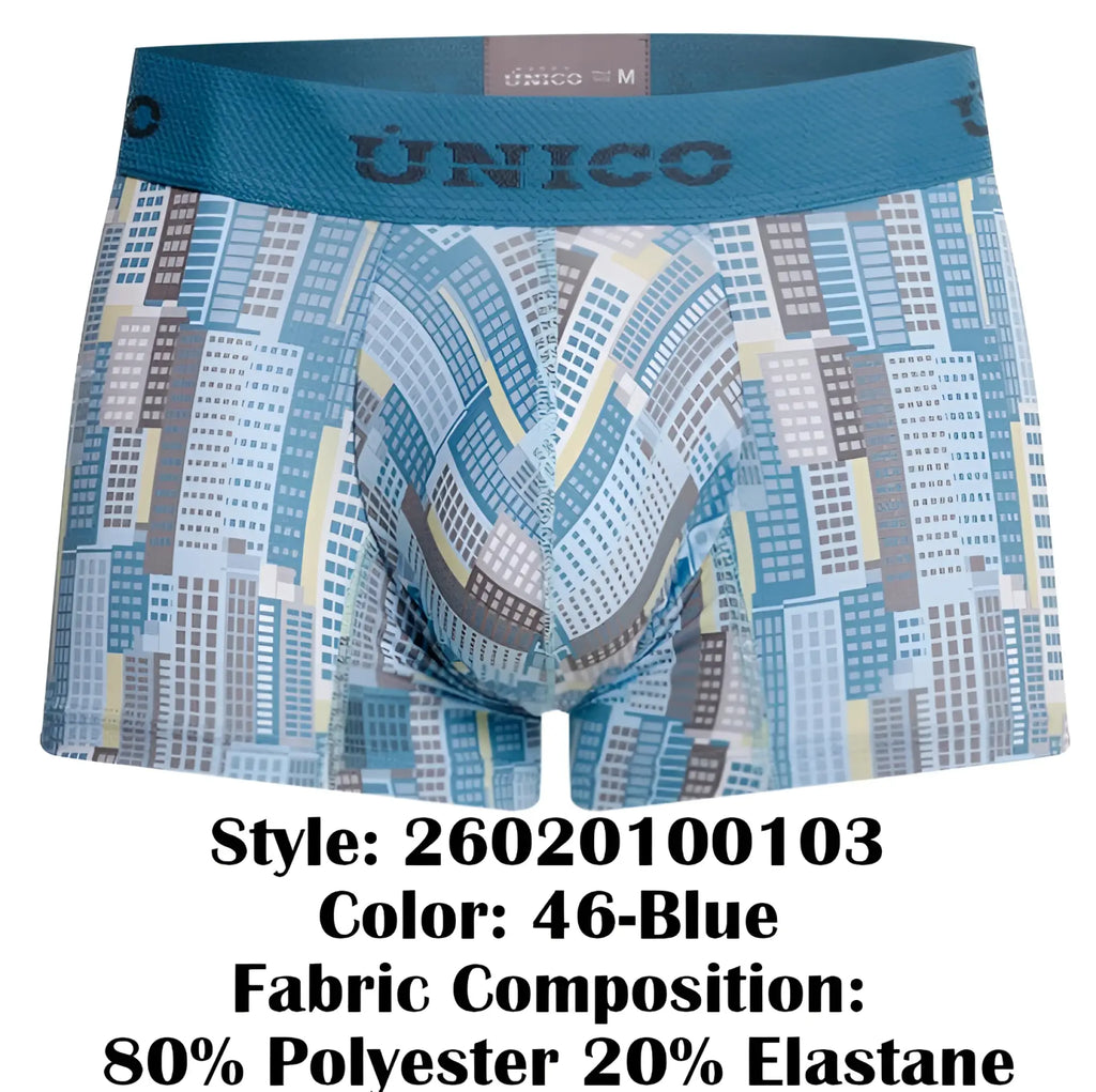Unico 26020100103 Ocarina trunks blue boxer briefs with stylized cityscape pattern in shades of blue gray and beige