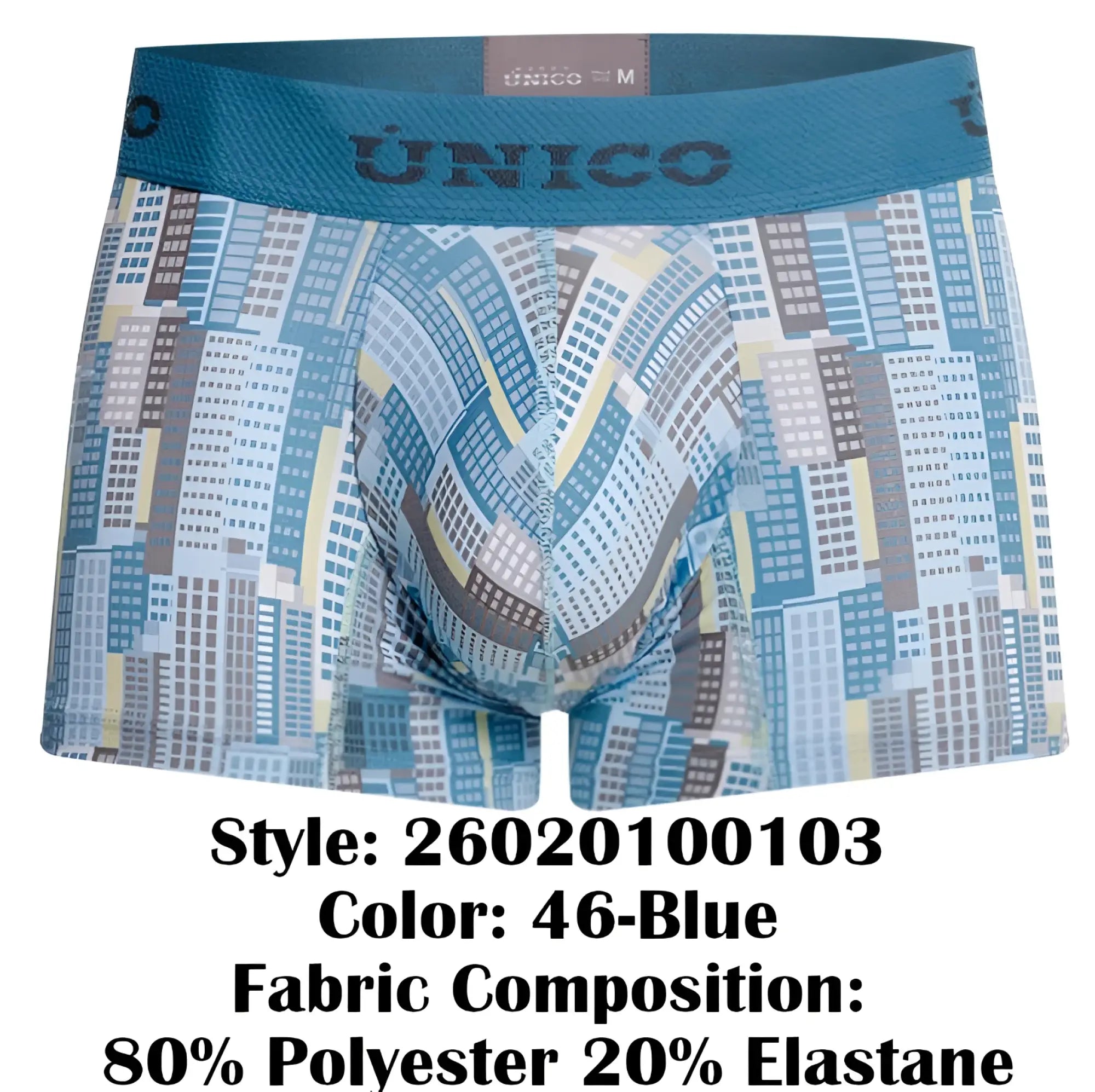 Unico 26020100103 Ocarina trunks blue boxer briefs with stylized cityscape pattern in shades of blue gray and beige
