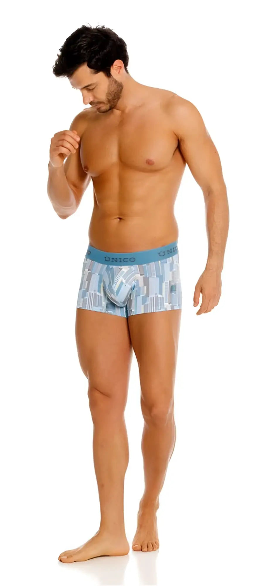 Blue and white geometric patterned men’s briefs with light blue unico waistband ocarina trunks color 46-blue