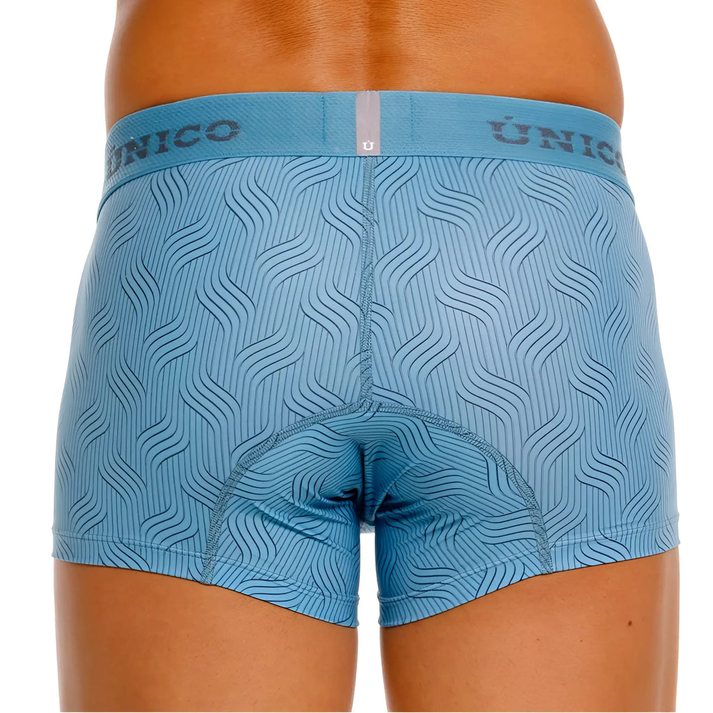 Light blue unico 26020100111 lenoso trunks with subtle wavy pattern and branded waistband in comfortable fabric