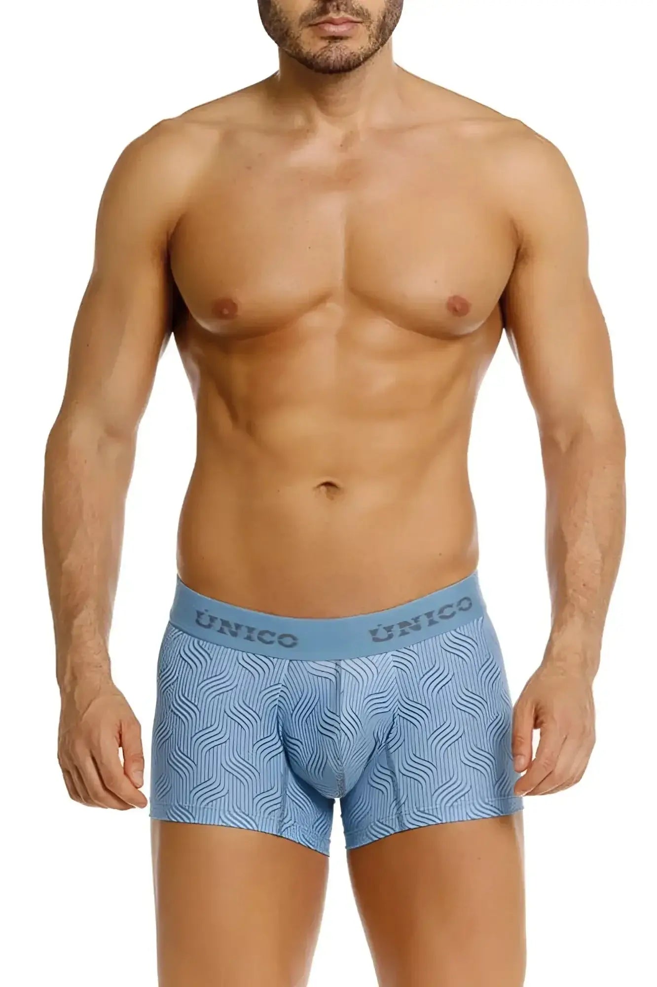 Light blue unico 26020100111 lenoso trunks with subtle wavy pattern and matching waistband for comfortable wear