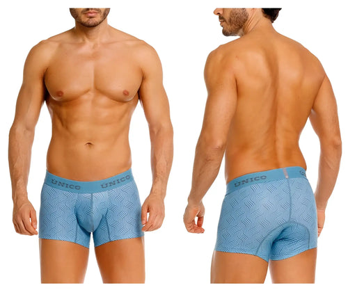 Light blue unico 26020100111 lenoso trunks men’s boxer briefs with subtle wavy pattern and padded rear section back view