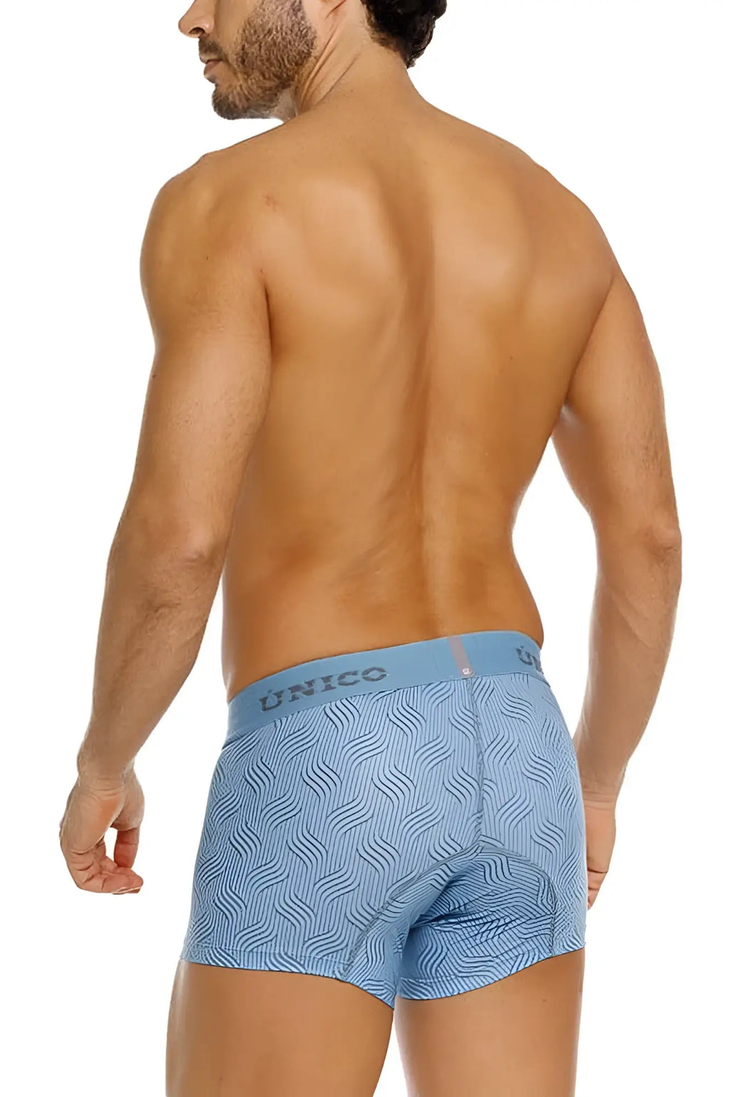 Light blue unico 26020100111 lenoso trunks men’s briefs with subtle wavy pattern and padded rear section back view