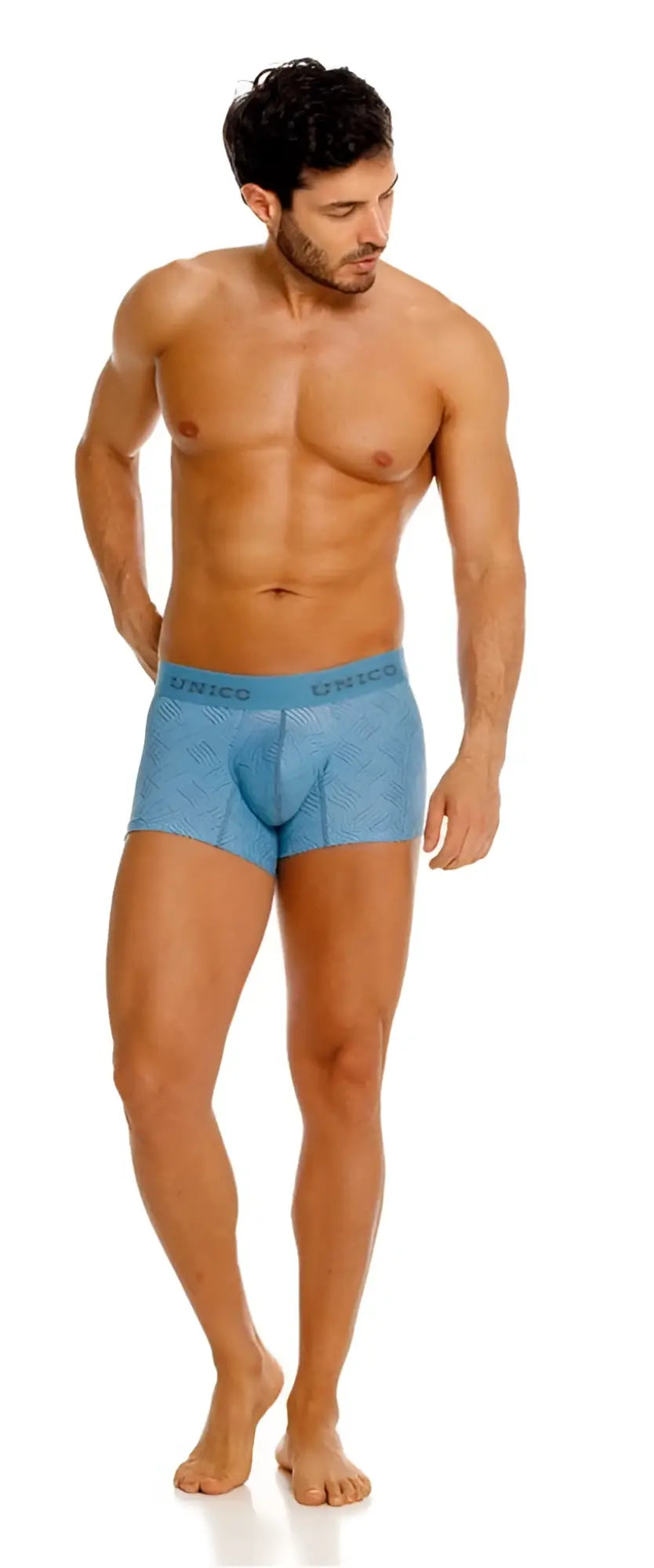 Light blue patterned men’s boxer briefs with subtle geometric design and unico waistband in lenoso trunks color 46-blue