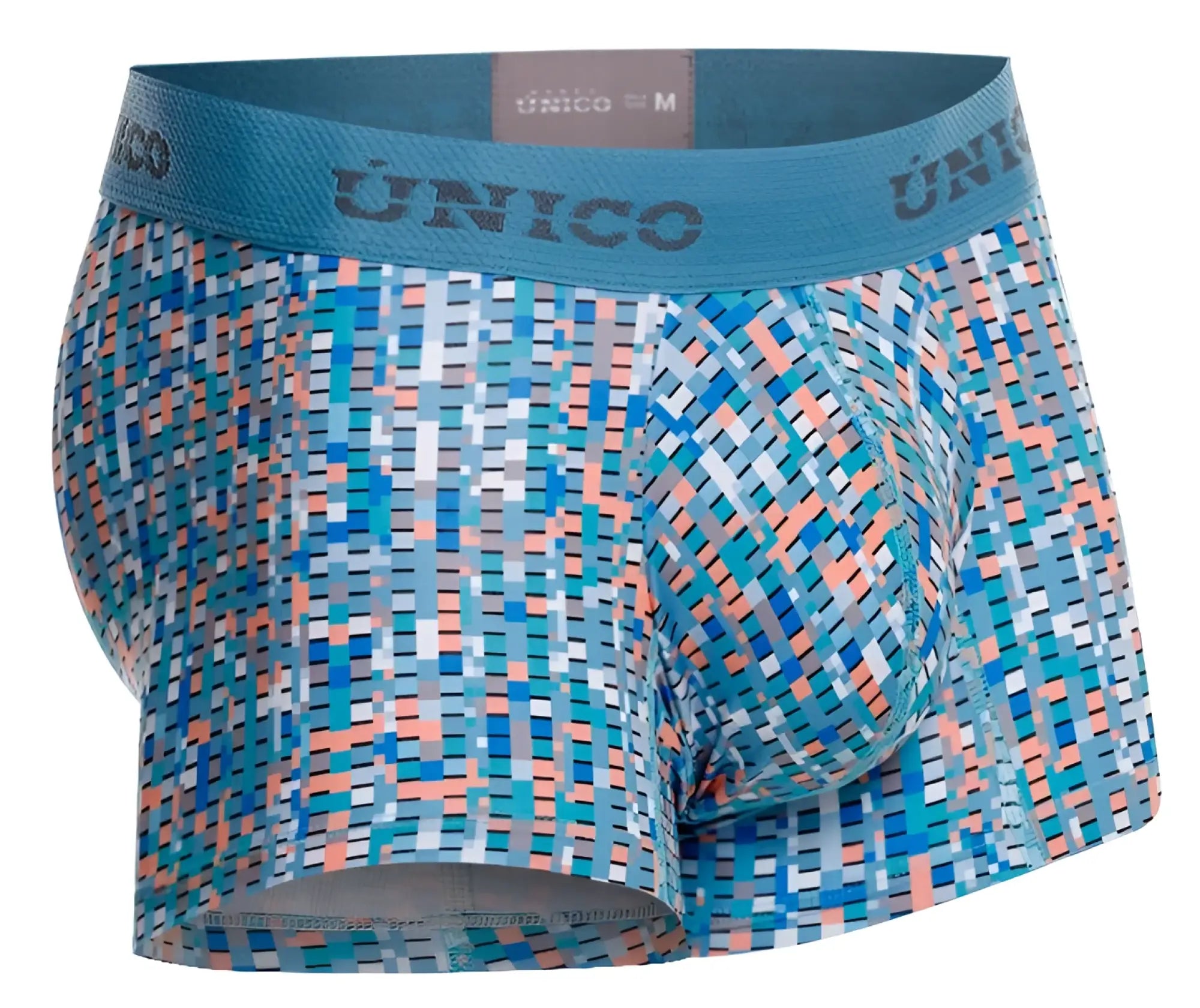 Unico lignina trunks in blue feature coral pixelated patterns and a teal elastic waistband for comfortable wear