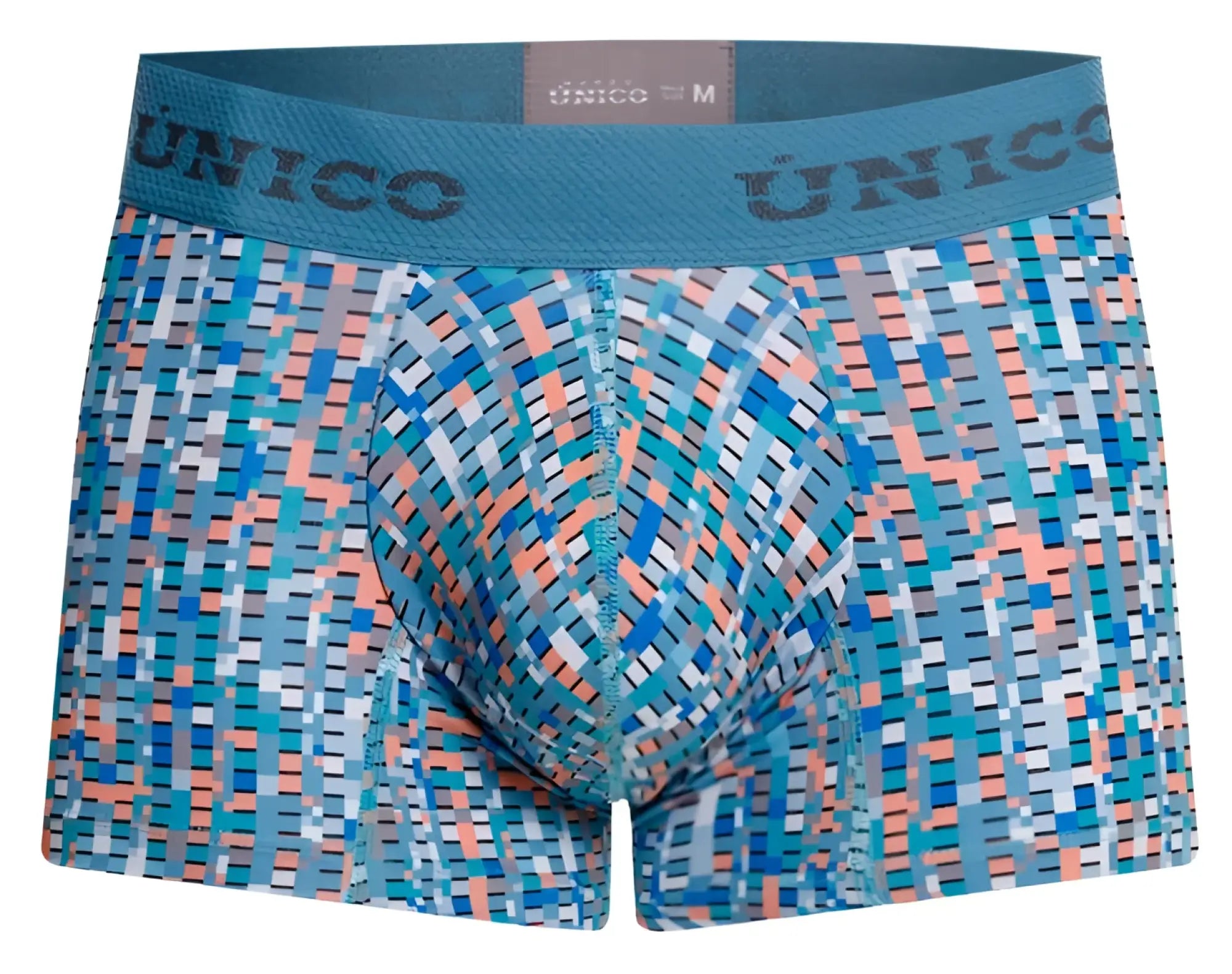 Unico 26020100112 lignina trunks in blue coral pixelated pattern with teal elastic waistband men’s boxer briefs