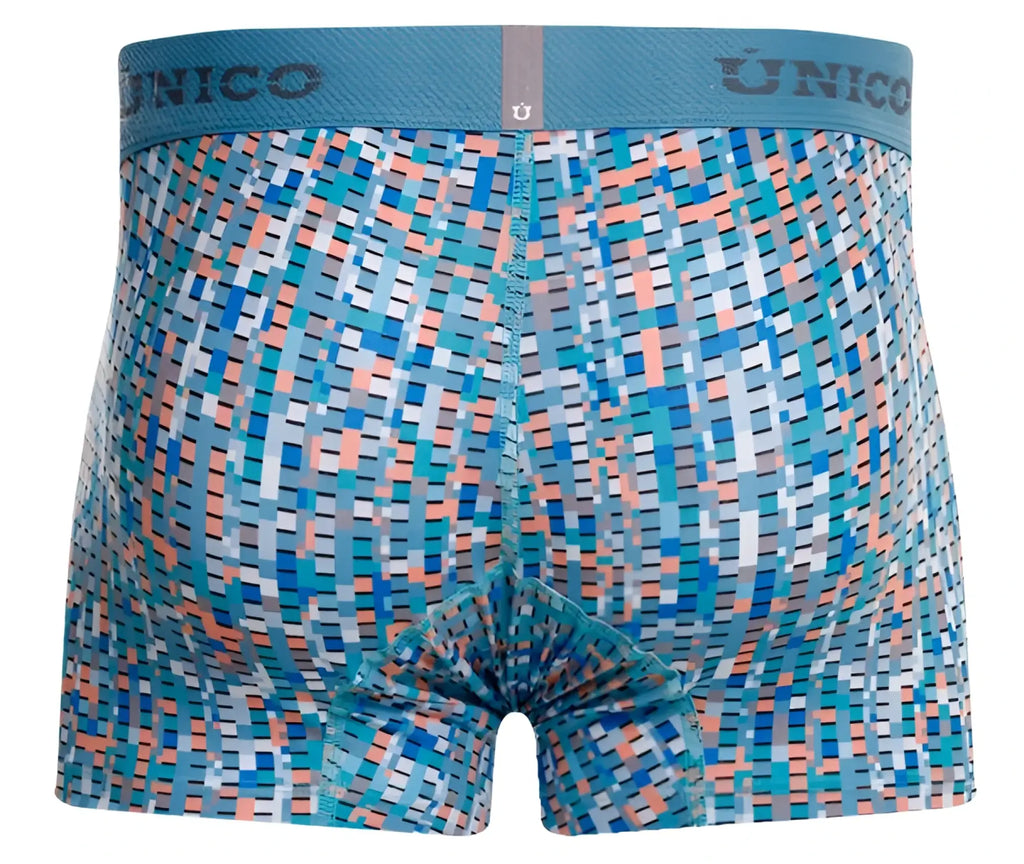Unico lignina trunks blue men’s boxer briefs with coral pixelated pattern and a textured waistband