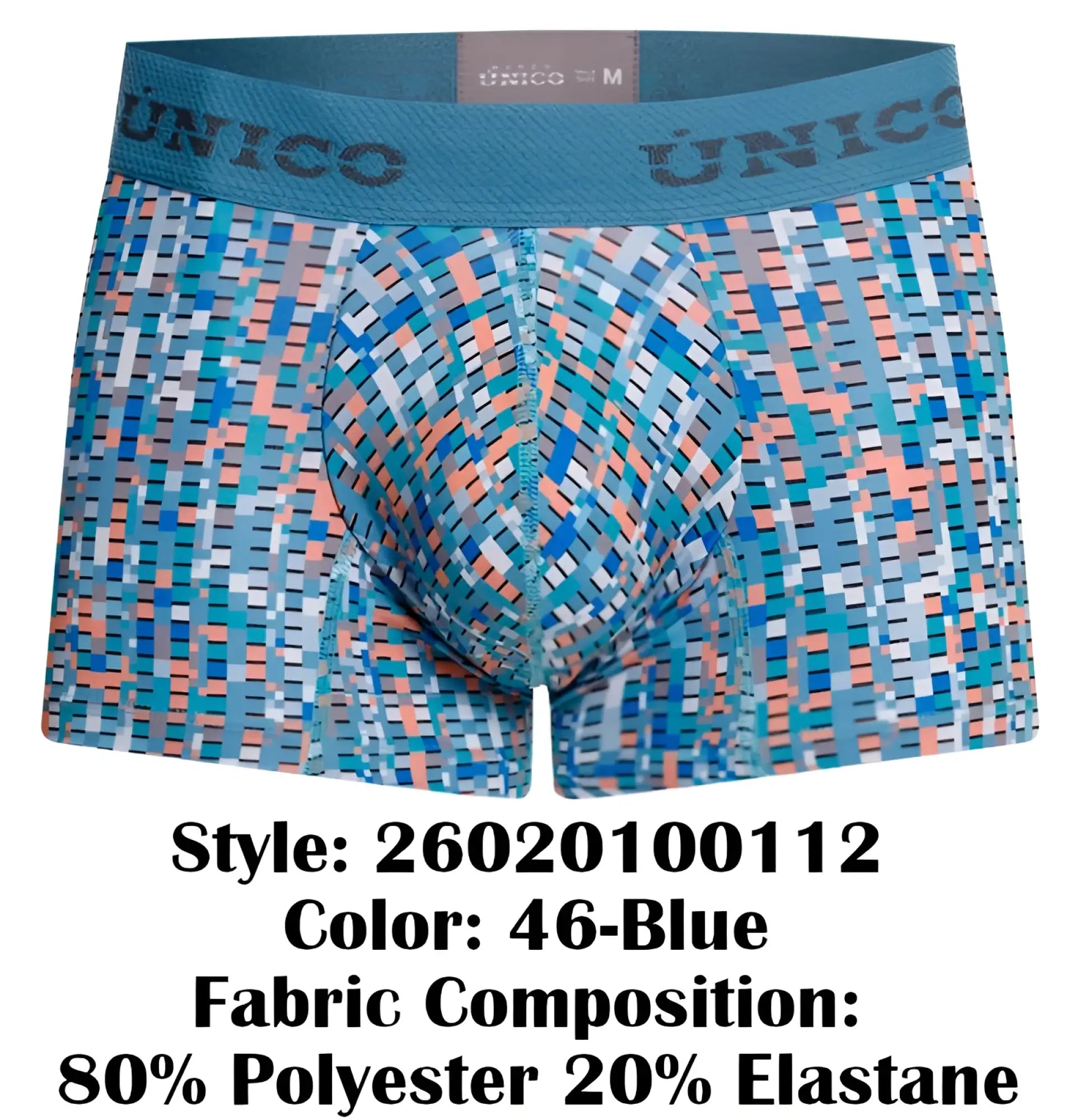 Unico lignina trunks blue patterned boxer briefs with geometric design in blue teal and peach shades