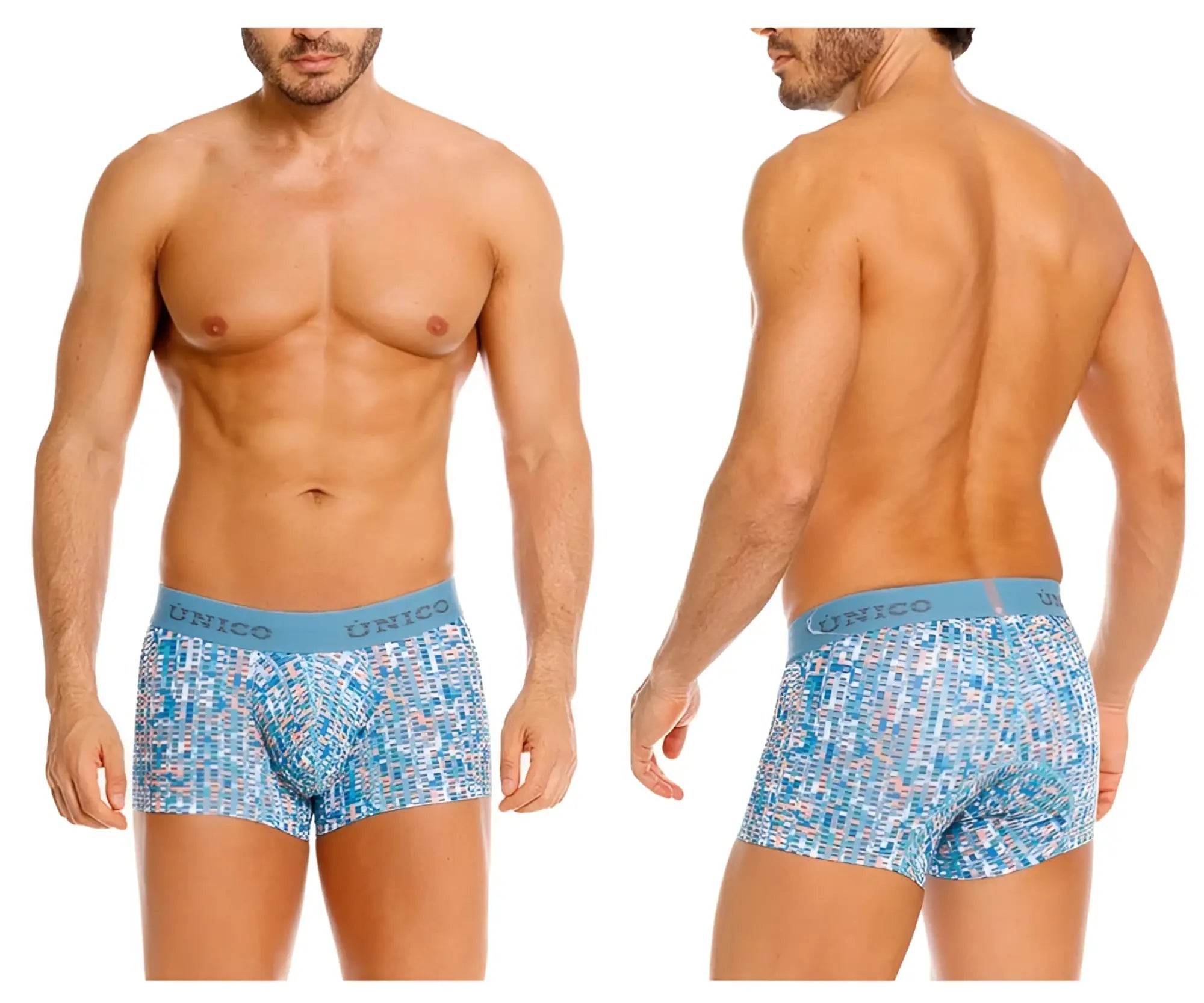 Blue patterned men’s boxer briefs with light blue unico elastic waistband in lignina trunks color 46-blue