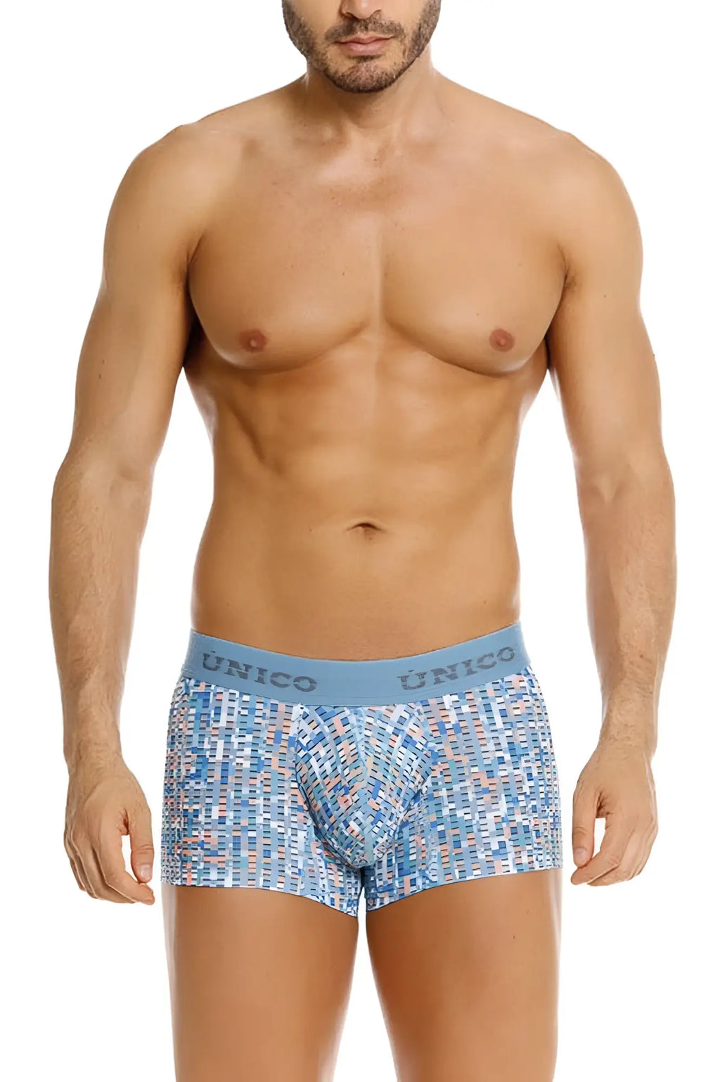 Unico 26020100112 lignina blue patterned men’s boxer briefs with light blue waistband and unico brand name