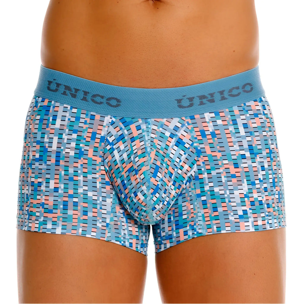 Unico 26020100112 Lignina trunks blue and peach geometric pattern men’s boxer briefs with matching elastic waistband