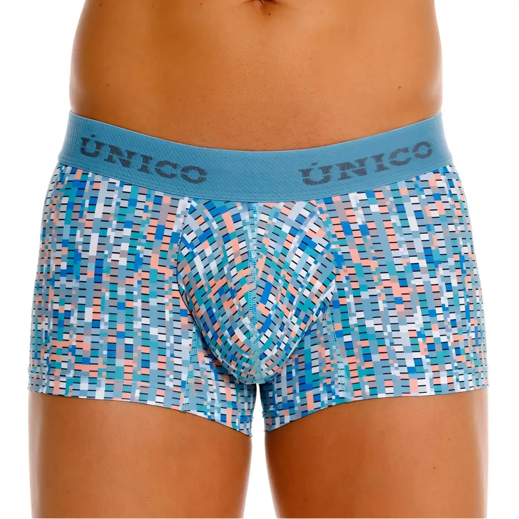 Unico 26020100112 Lignina trunks blue and peach geometric pattern men’s boxer briefs with matching elastic waistband