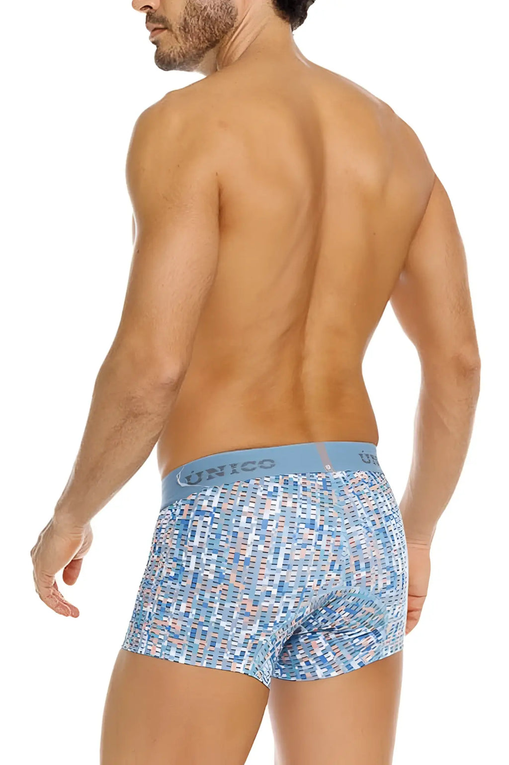 Blue and white patterned men’s boxer briefs with light blue unico elastic waistband lignina trunks color 46-blue