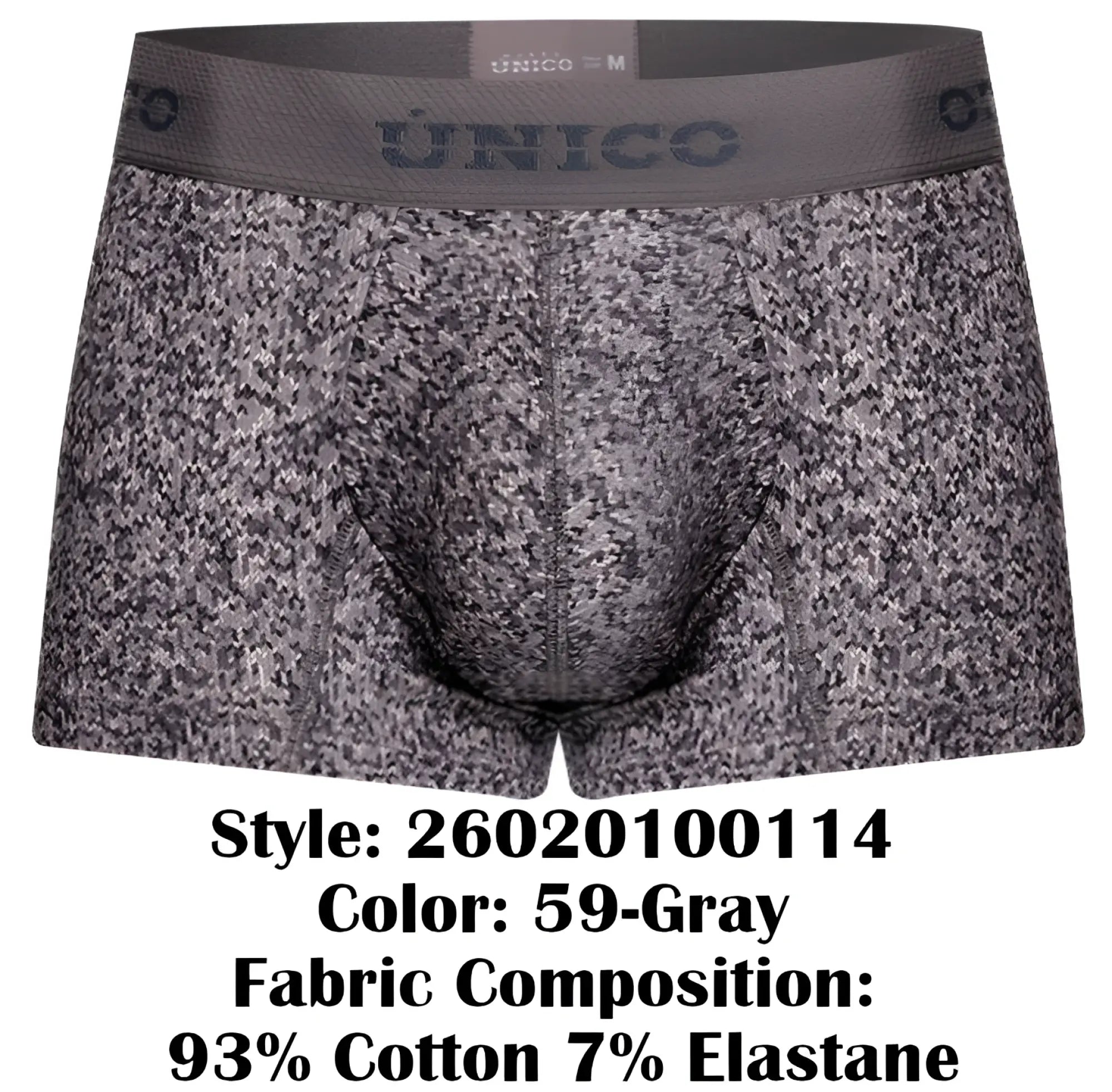Unico 26020100114 suede trunks gray patterned men’s boxer briefs with speckled texture and elastic unico waistband