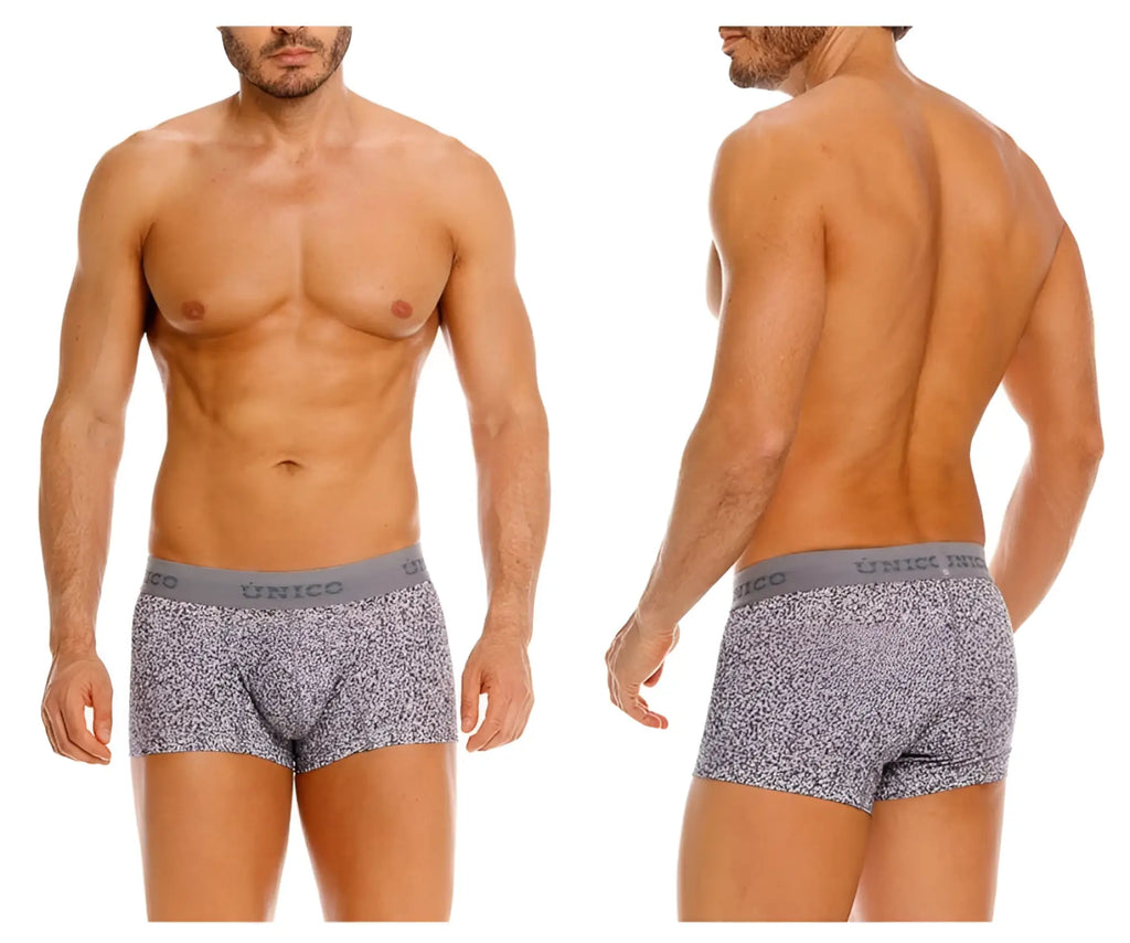 Gray suede trunks with a subtle speckled pattern and solid gray waistband featuring the unico brand name