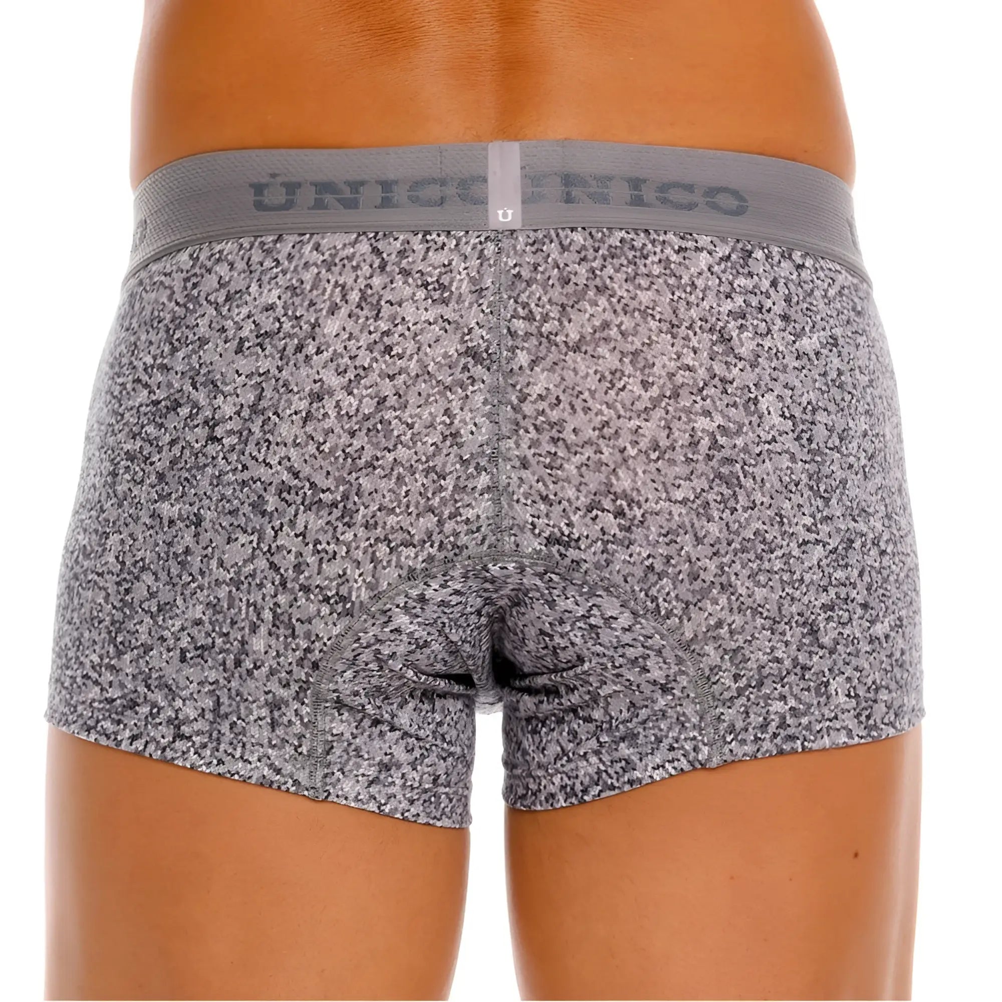 Gray speckled suede athletic briefs with matching elastic waistband featuring unicornico brand name in front view
