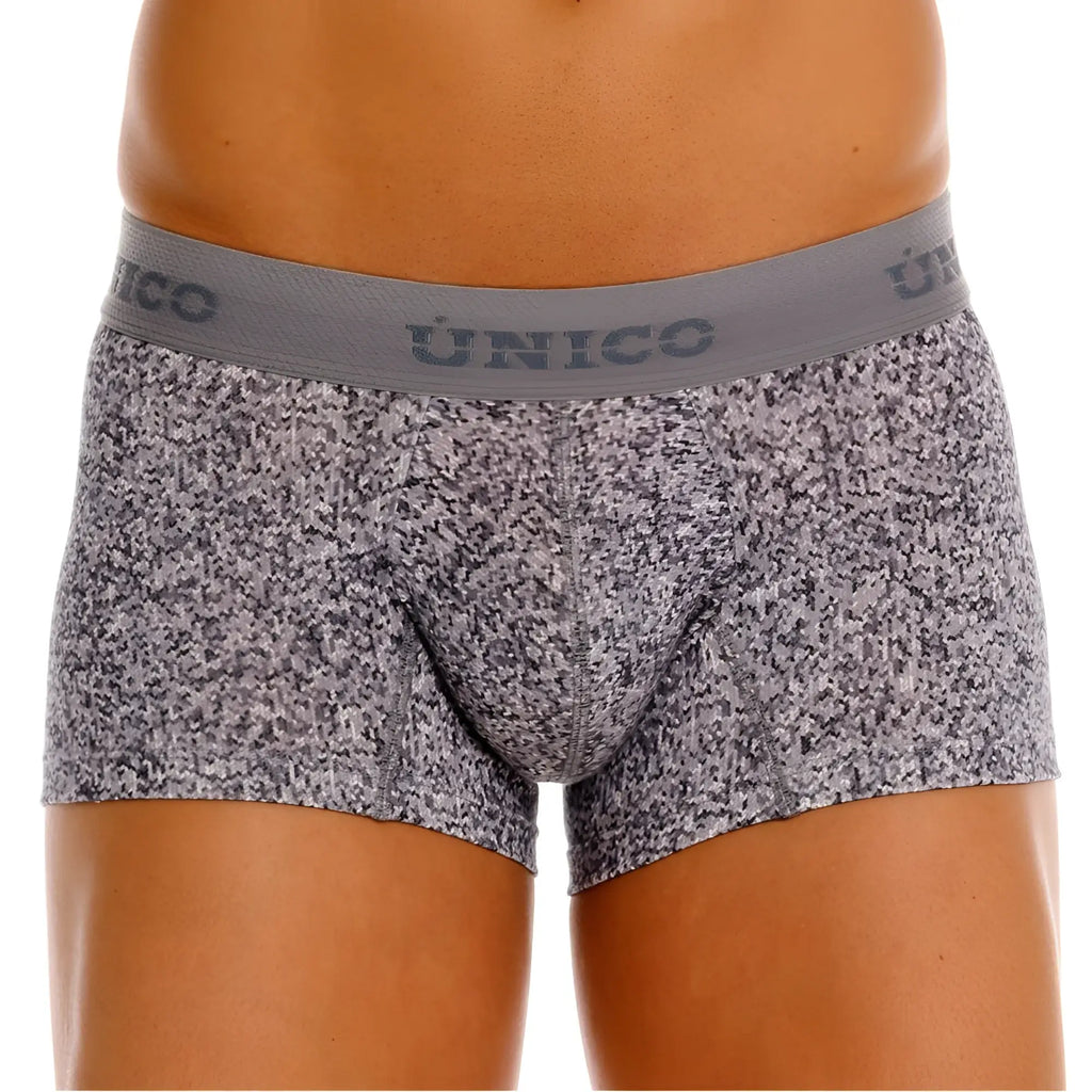 Gray speckled unico 26020100114 suede trunks with matching elastic waistband featuring unico brand name