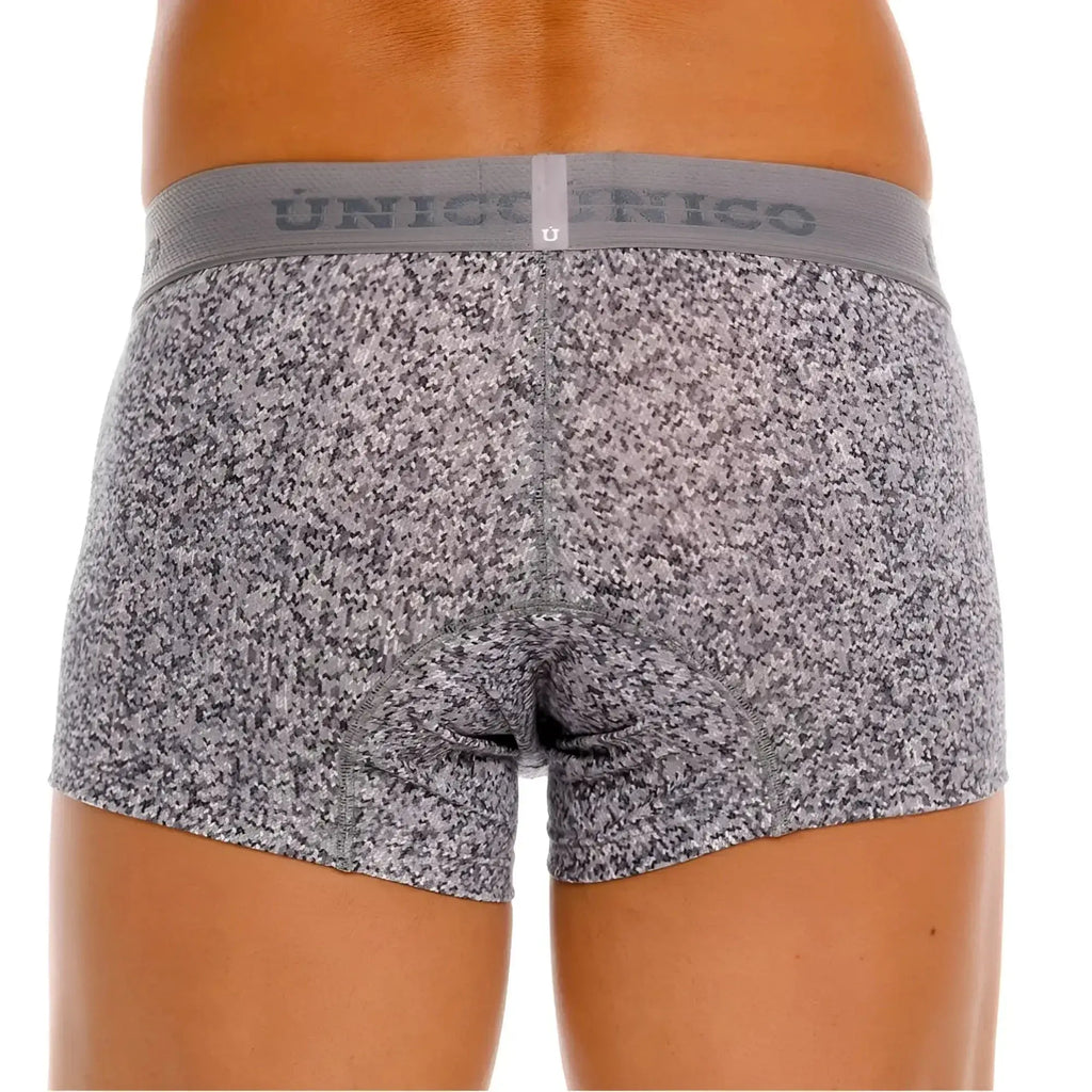 Gray speckled suede athletic briefs with matching elastic waistband featuring unicornico brand name in front view