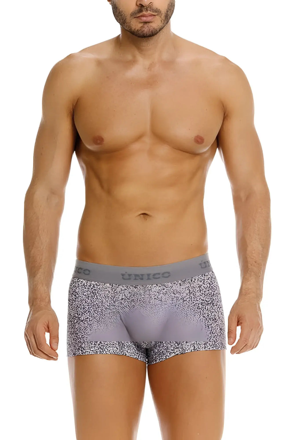Gray and white speckled suede trunks with solid gray unico waistband in color 59 gray for men