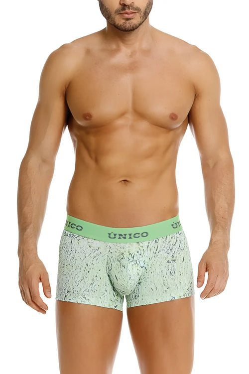 Light green and white speckled unico 26020100115 hunos trunks with matching waistband and unico branding