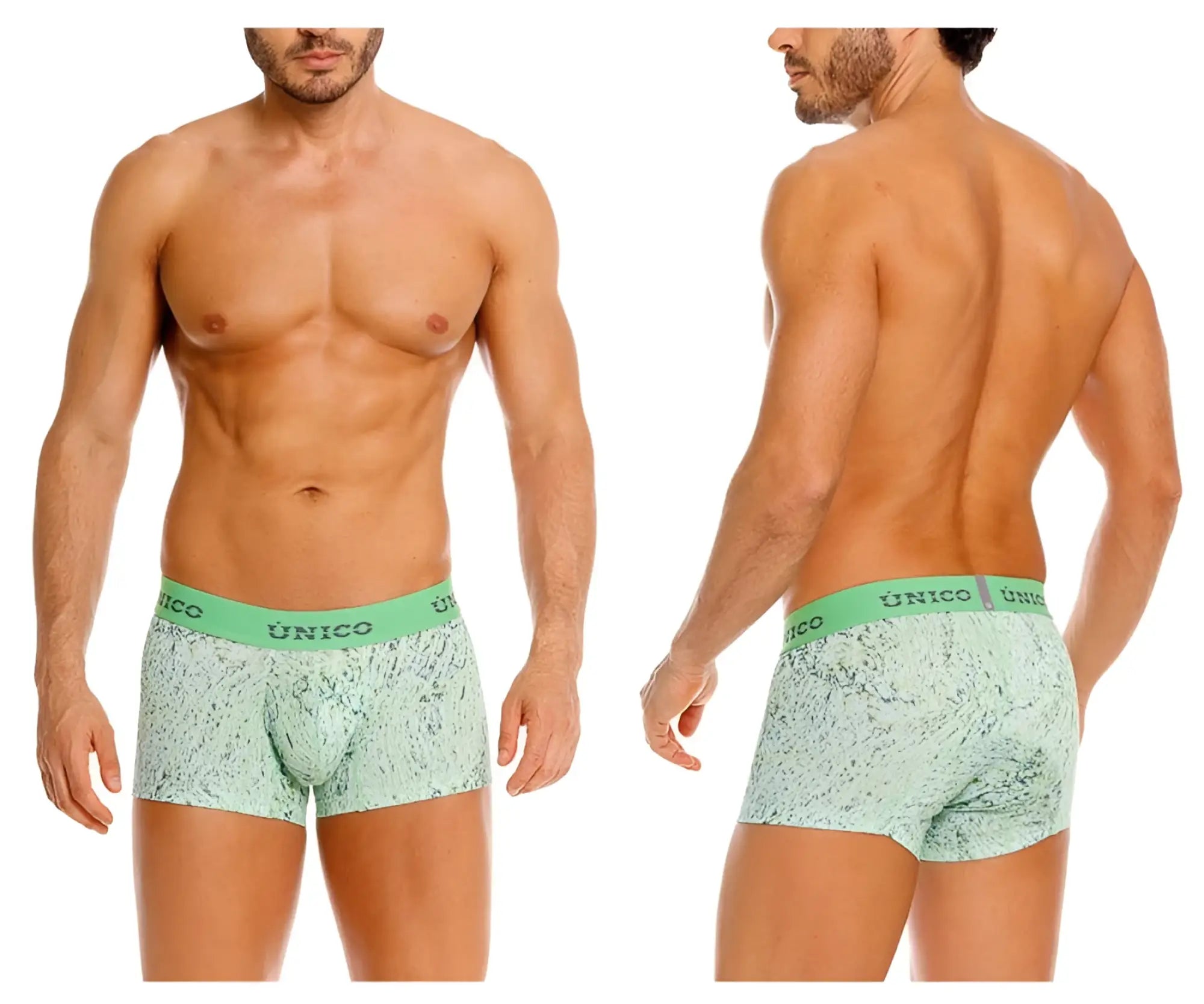 Mint green patterned unico 26020100115 hunos trunks briefs with solid matching waistband and unico branding