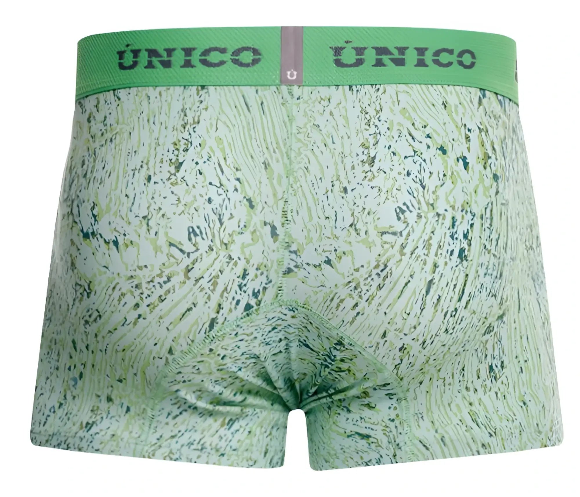 Green patterned Unico 26020100115 Hunos trunks with matching elastic waistband featuring the Unico brand name