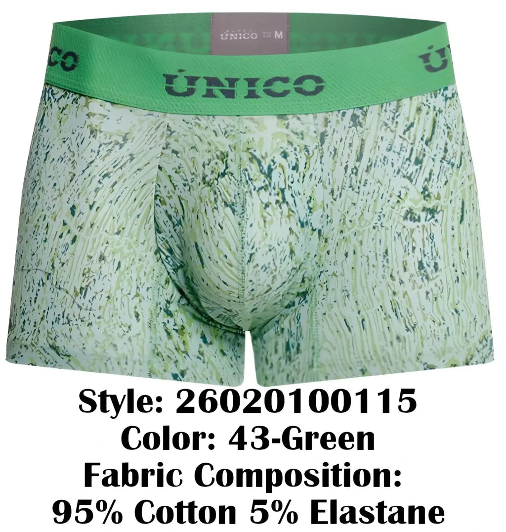 Unico 26020100115 hunos trunks in green patterned fabric with a solid green waistband featuring the unico brand name