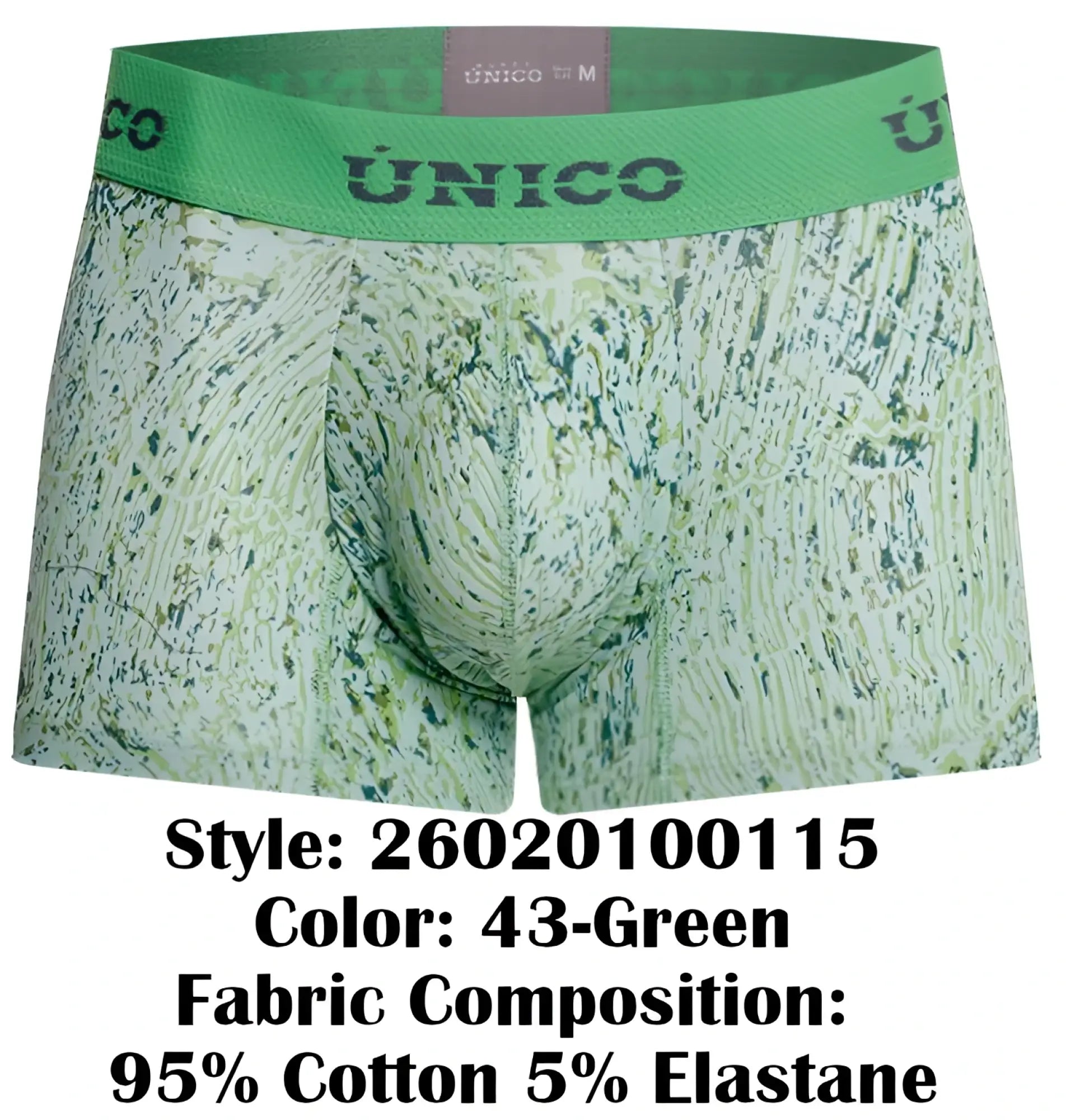 Unico 26020100115 hunos trunks in green patterned fabric with a solid green waistband featuring the unico brand name