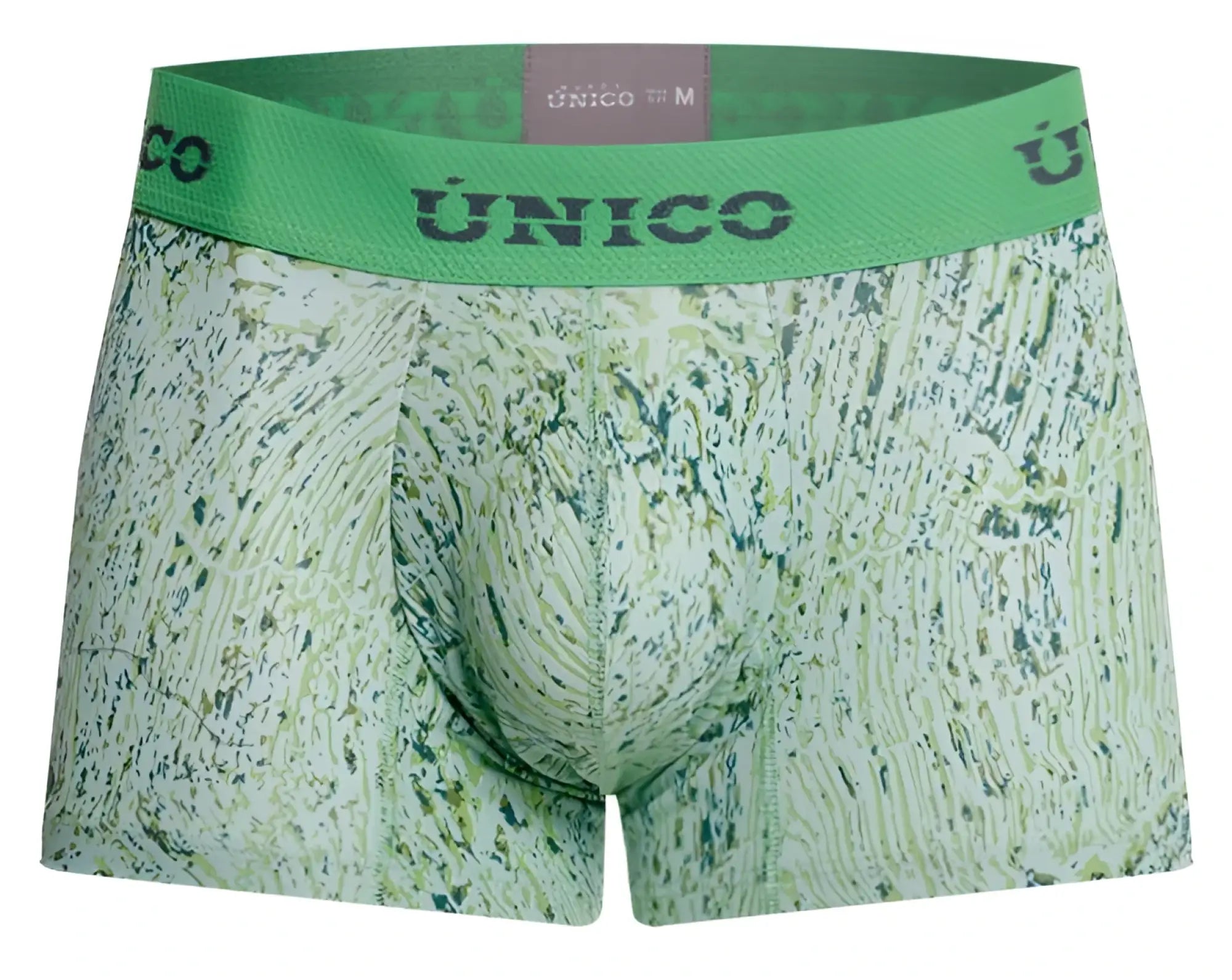 Green patterned boxer briefs with textured abstract design and unico printed on the waistband in color 43-green