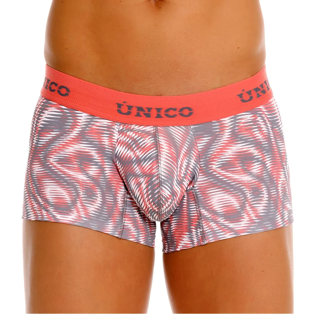 Unico 26020100116 acanalado trunks pink men’s boxer briefs with pink and gray abstract pattern and coral waistband