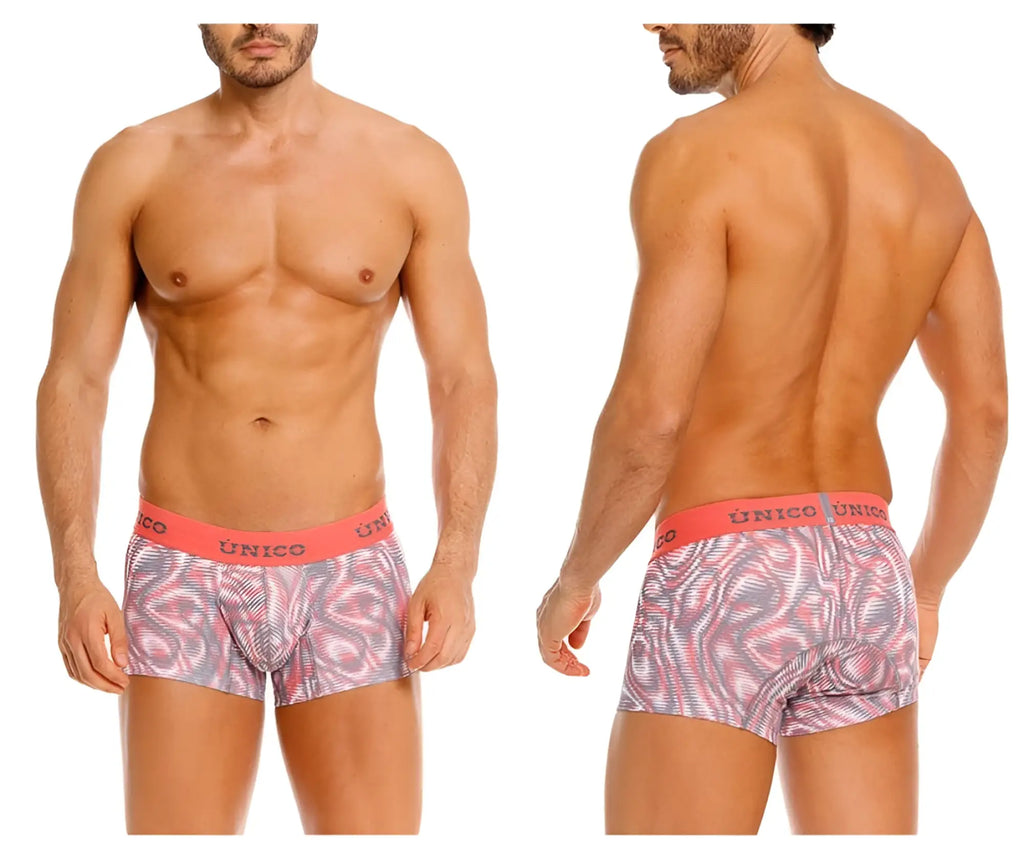 Men’s pink and gray patterned unico 26020100116 acanalado trunks with red waistband and comfortable fabric