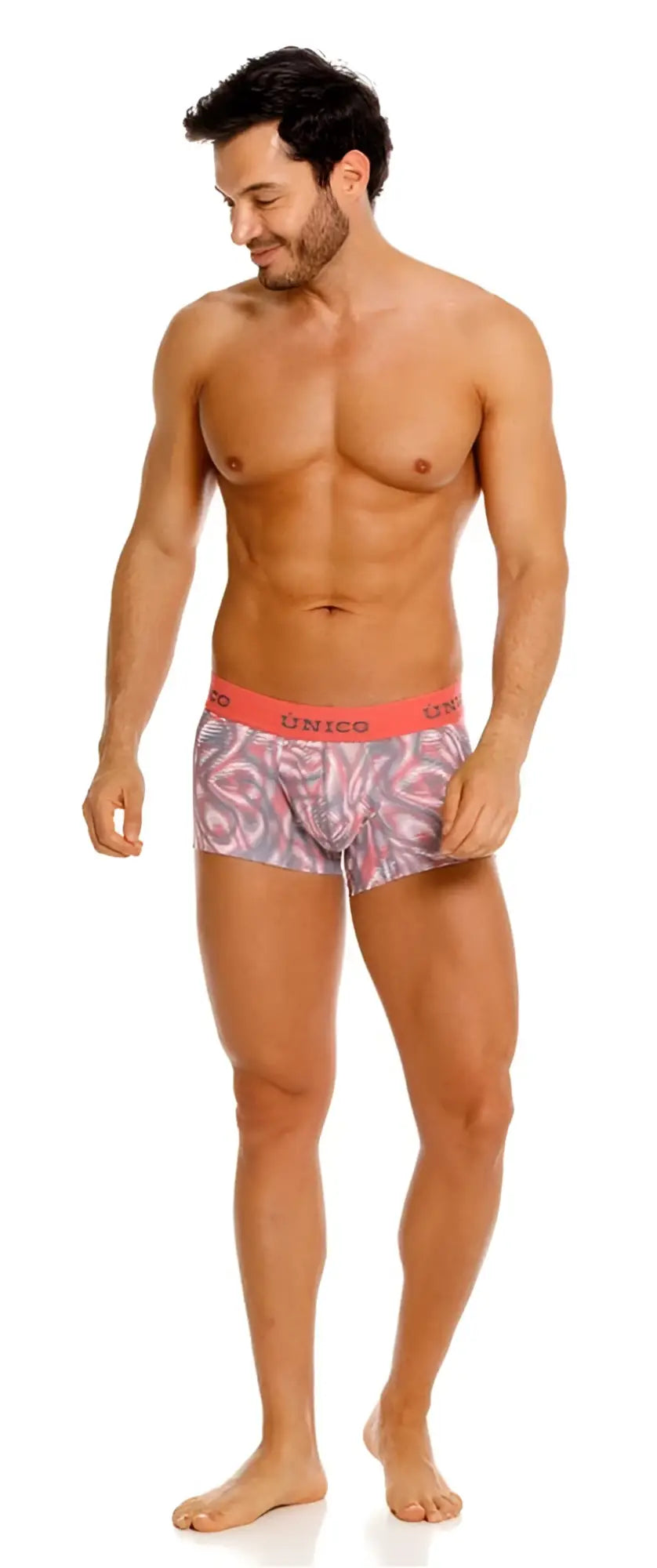 Patterned acanalado trunks with vibrant pink waistband and swirling gray white and black design for comfortable wear