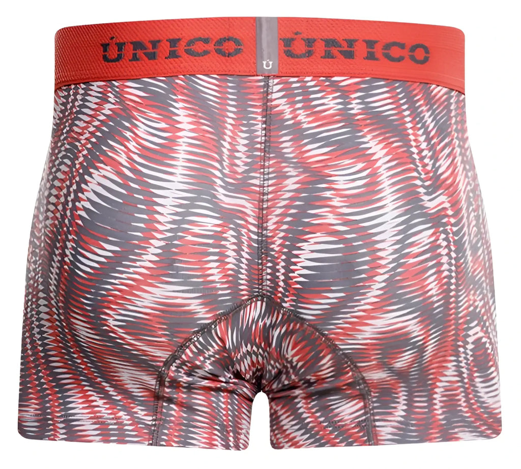 Red and gray patterned unico 26020100116 acanalado trunks with bold swirling design in pink color