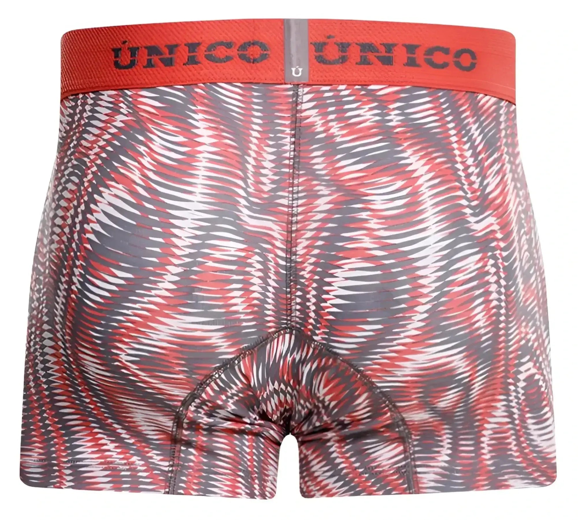 Red and gray patterned unico 26020100116 acanalado trunks with bold swirling design in pink color
