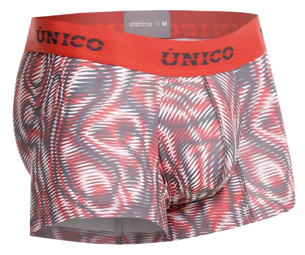 Unico 26020100116 acanalado trunks in red and gray featuring bold abstract patterned men’s boxer briefs